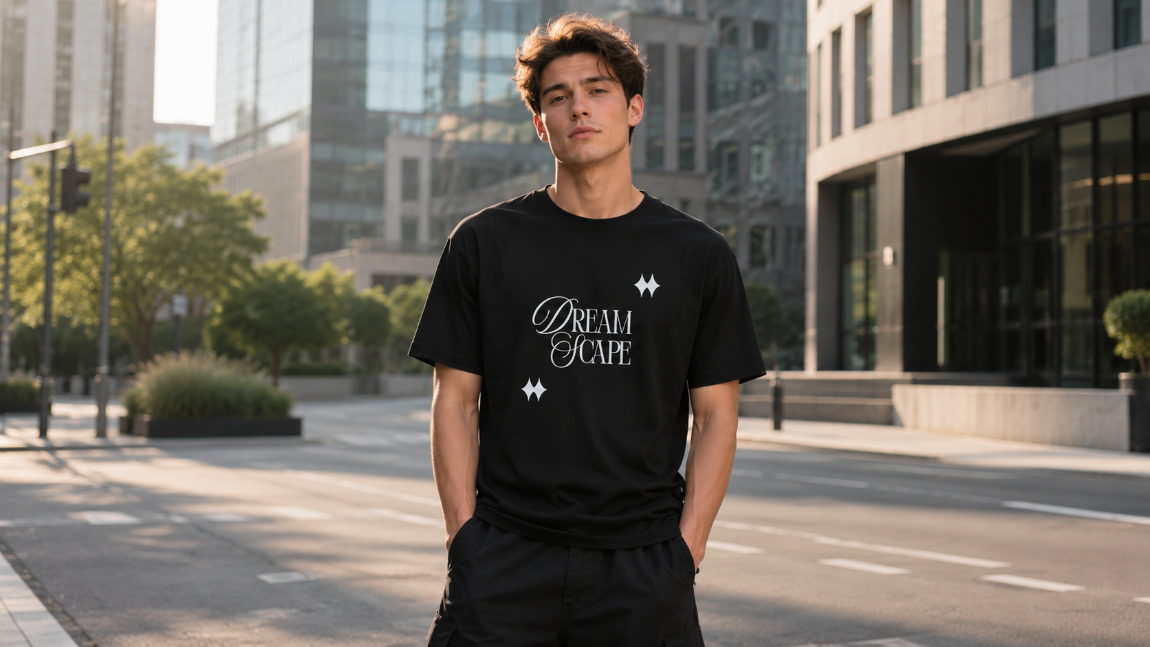 Model wearing a black Dream Scape graphic T-shirt from the Stillor Clothing Trending Collection