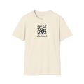 Beige t-shirt with black abstract design and text on a white background