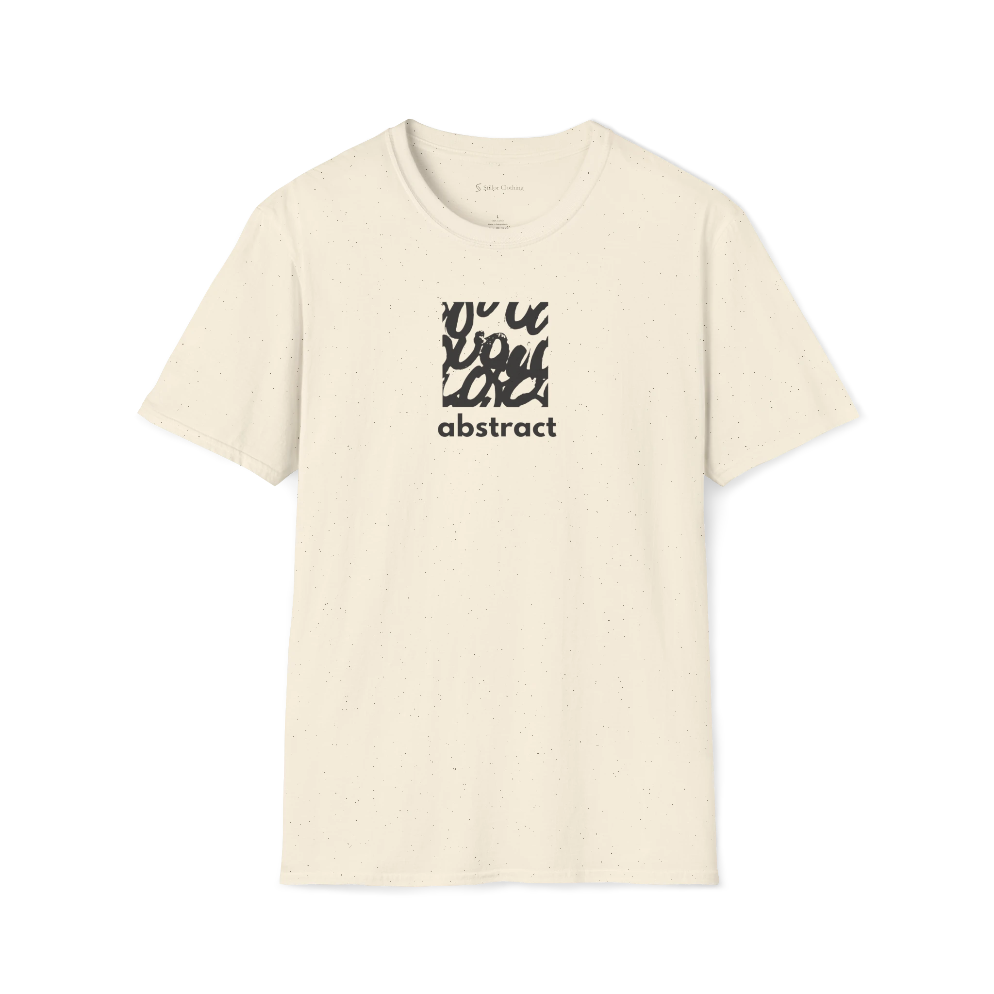 Beige t-shirt with black abstract design and text on a white background