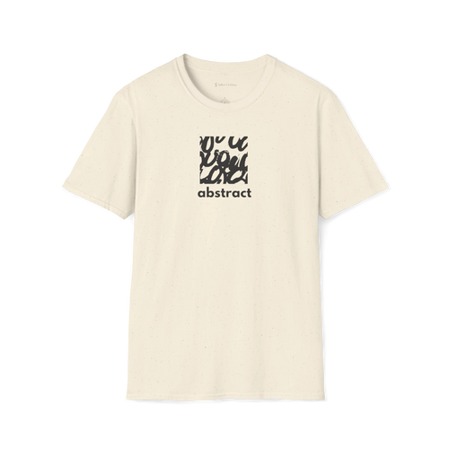 Beige t-shirt with black abstract design and text on a white background