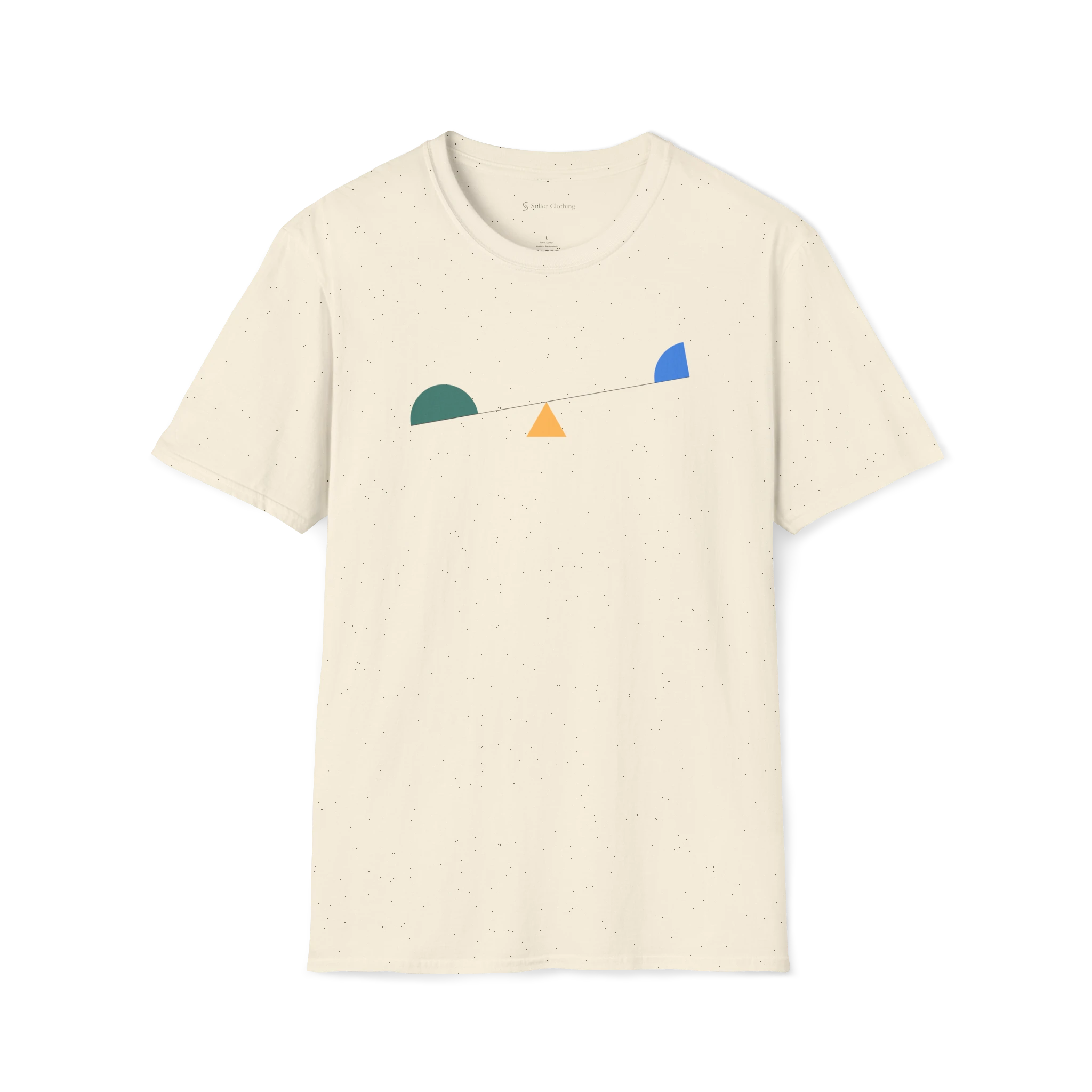 Beige Balance T-shirt, front view with minimalist geometric seesaw design in green, yellow, and blue