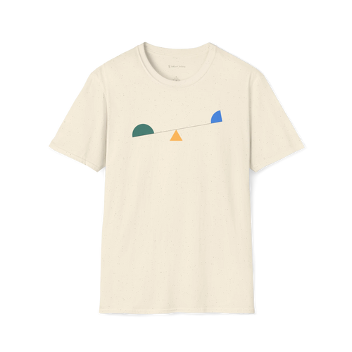 Beige Balance T-shirt, front view with minimalist geometric seesaw design in green, yellow, and blue