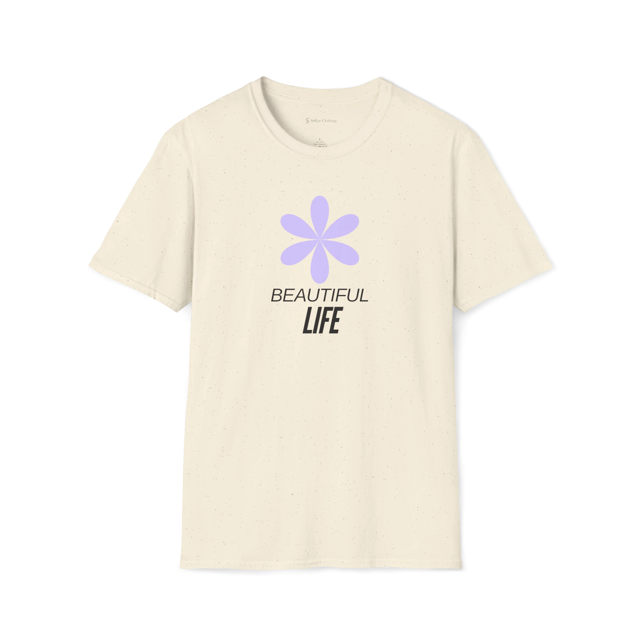 Beige Beautiful Life T-Shirt, front view with purple flower graphic and black text print