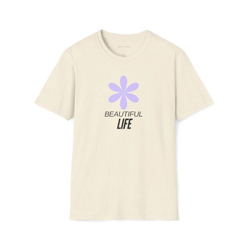 Beige Beautiful Life T-Shirt, front view with purple flower graphic and black text print