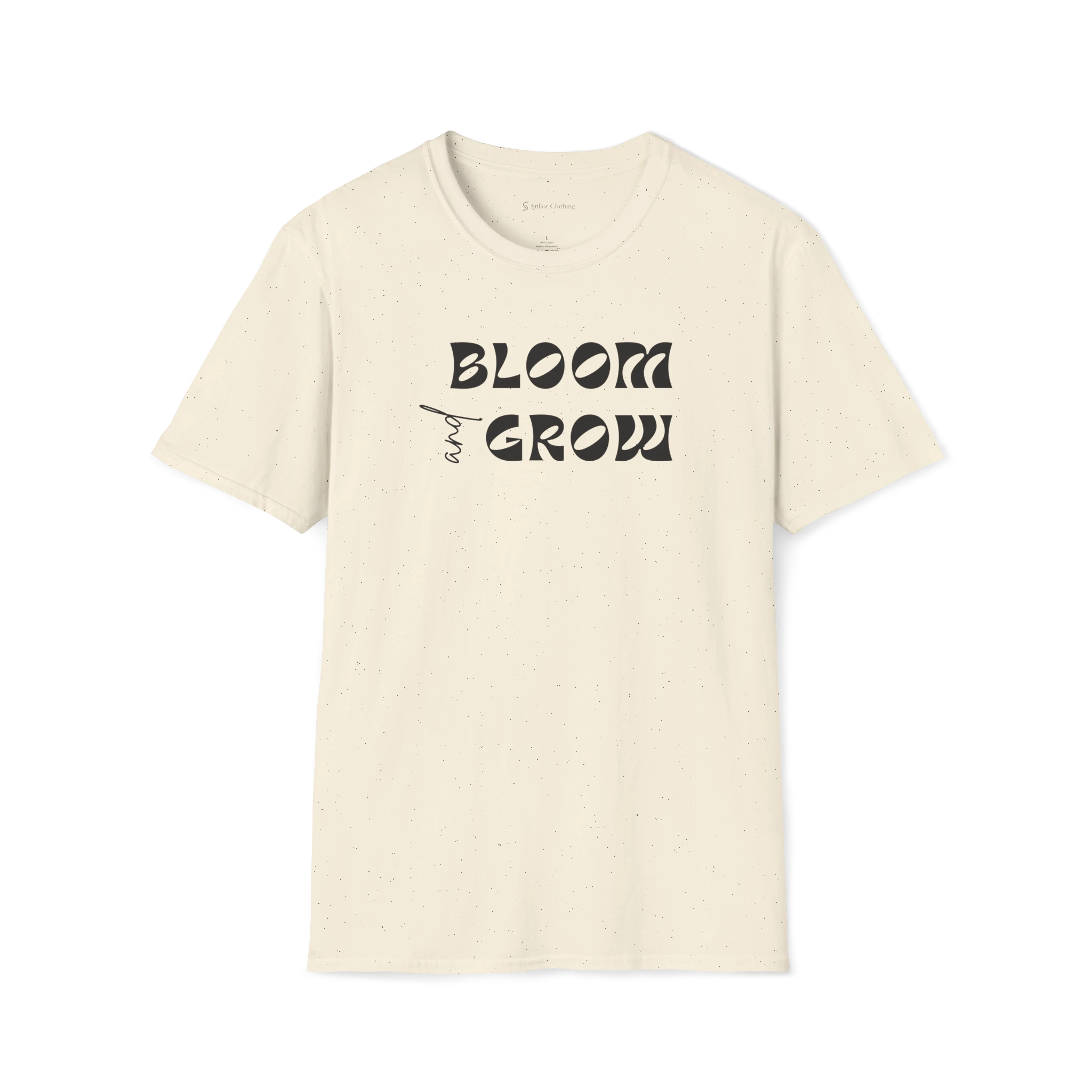 Beige Bloom and Grow T-shirt, front view with black retro lettering and small hand-drawn sprout detail