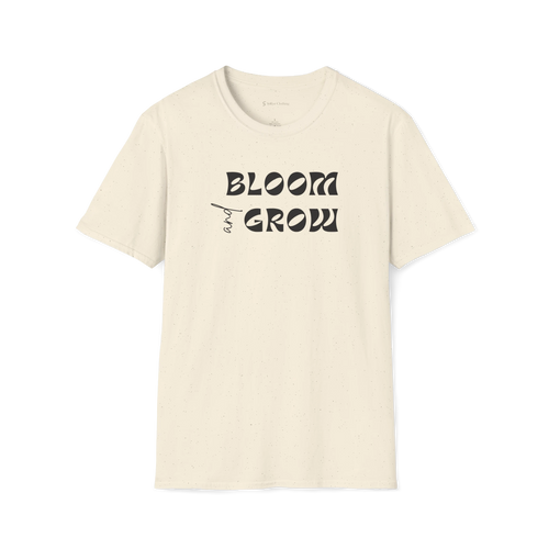 Beige Bloom and Grow T-shirt, front view with black retro lettering and small hand-drawn sprout detail