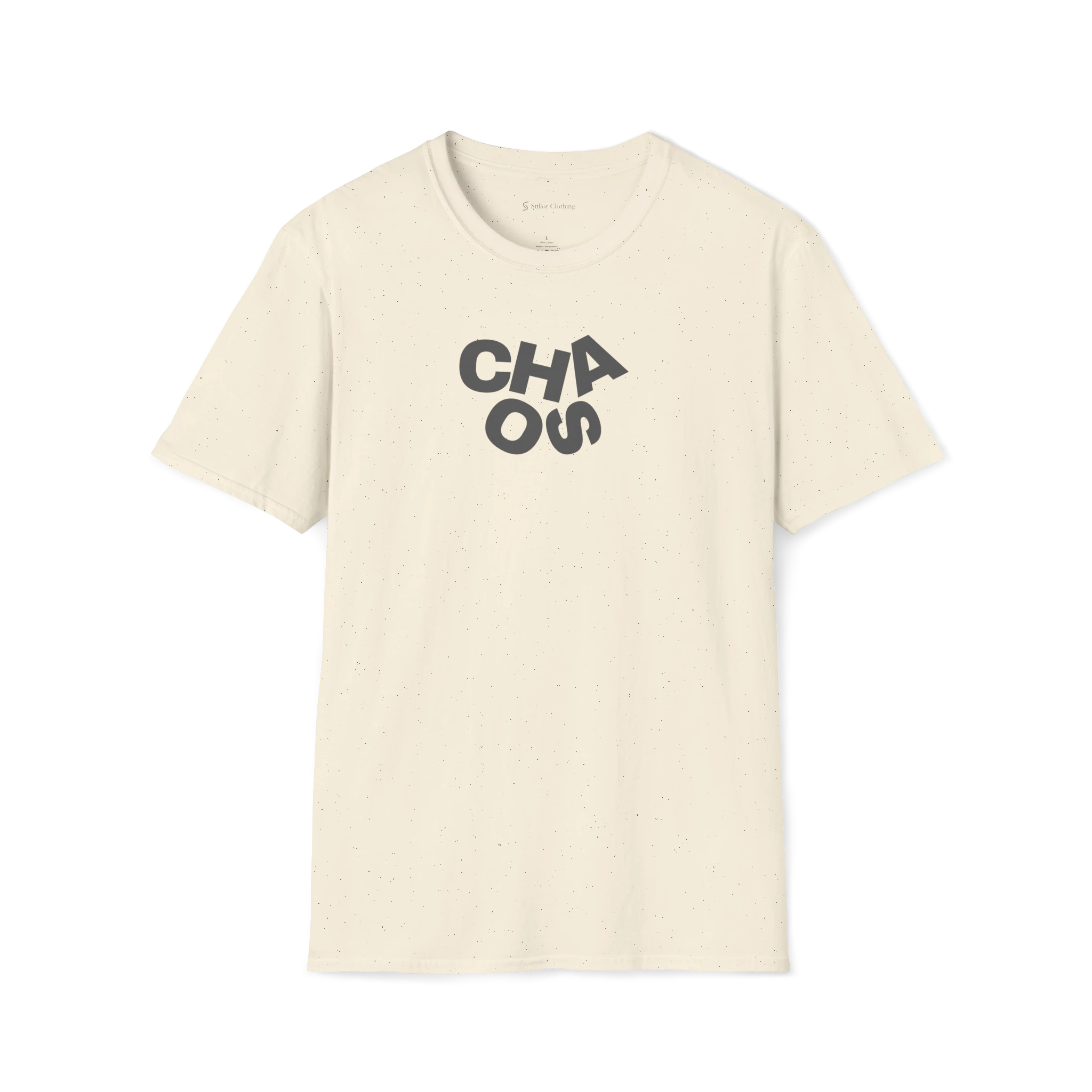 Beige Chaos T-Shirt, front view with grey stacked CHAOS lettering on the chest