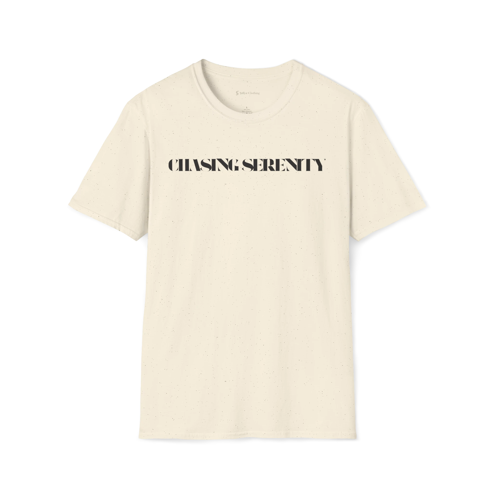 Beige Chasing Serenity t-shirt, front view with bold black text print across the chest.