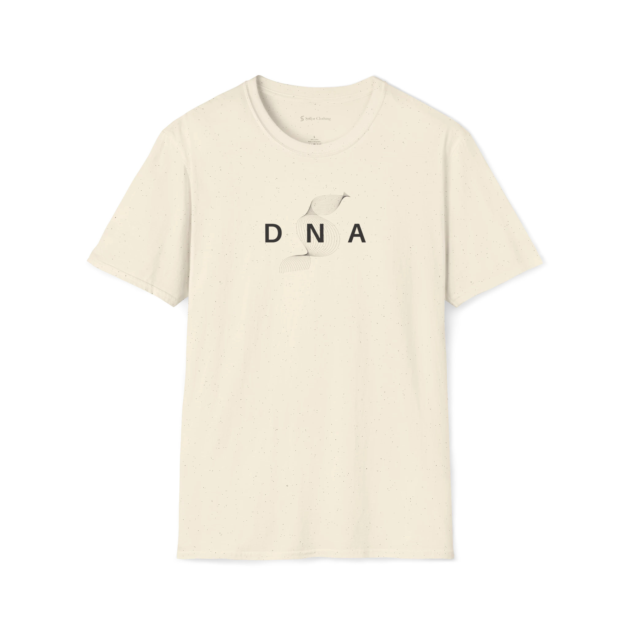 Beige DNA t-shirt, front view with minimal helix line artwork and spaced lettering.