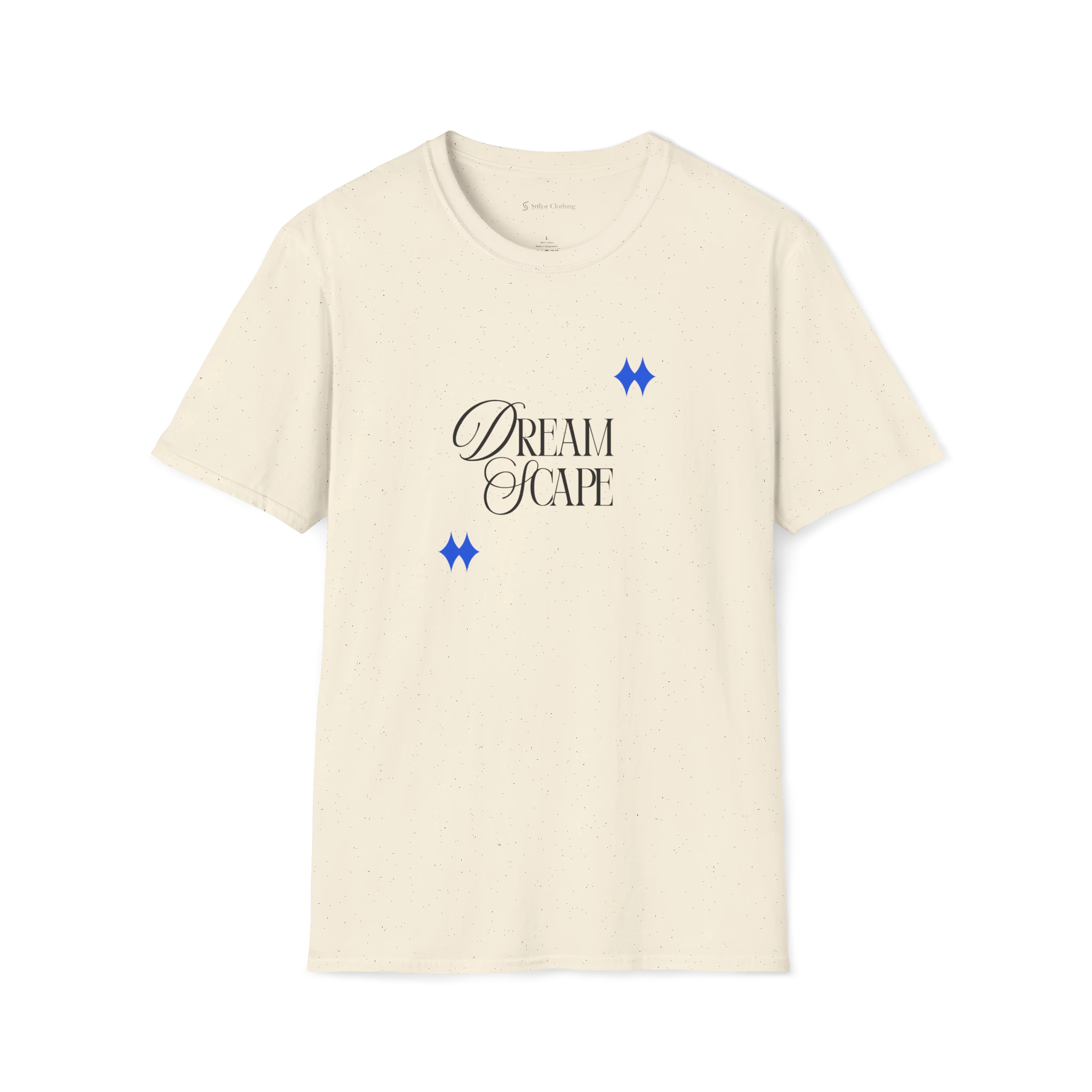 Beige DreamScape t-shirt, front view with elegant Dream Scape lettering and blue sparkle accents
