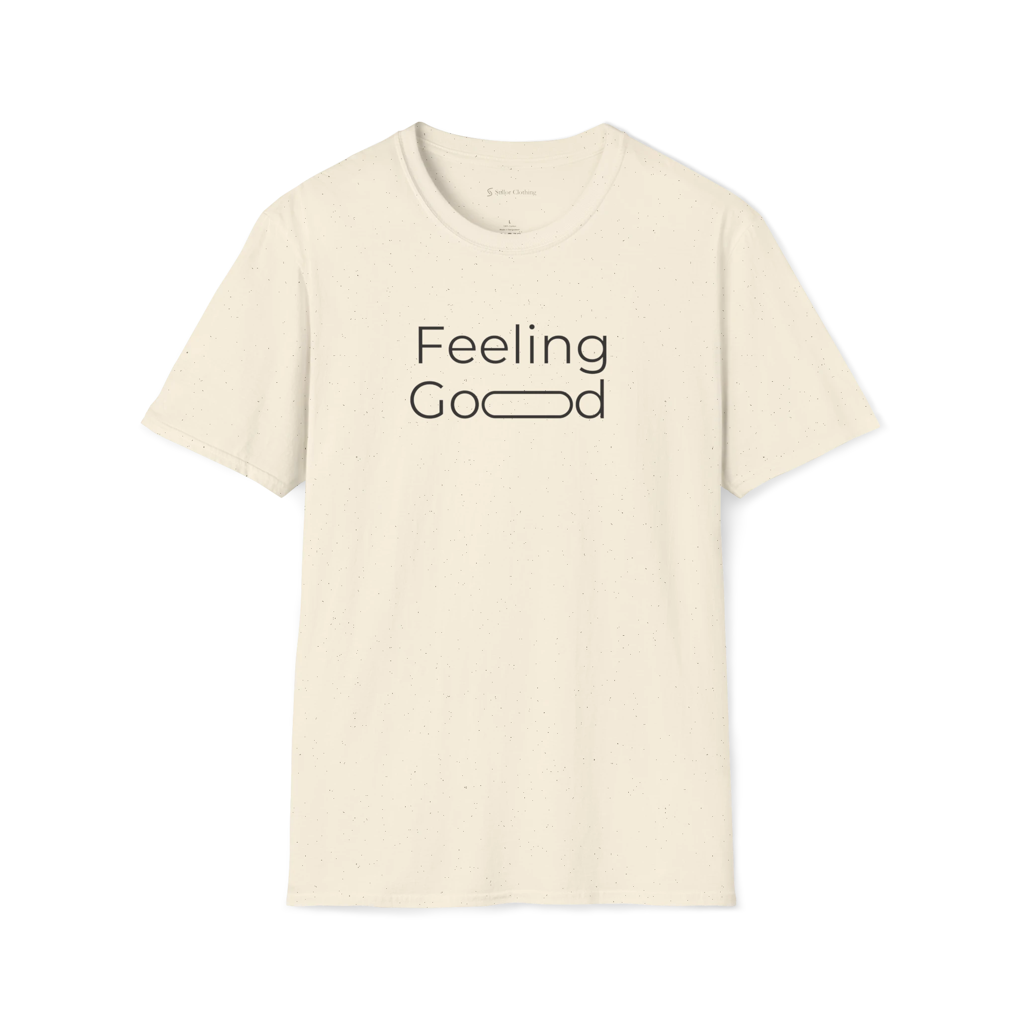 Beige Feeling Good T-Shirt, front view showing minimalist typography with a stretched “oo” detail.