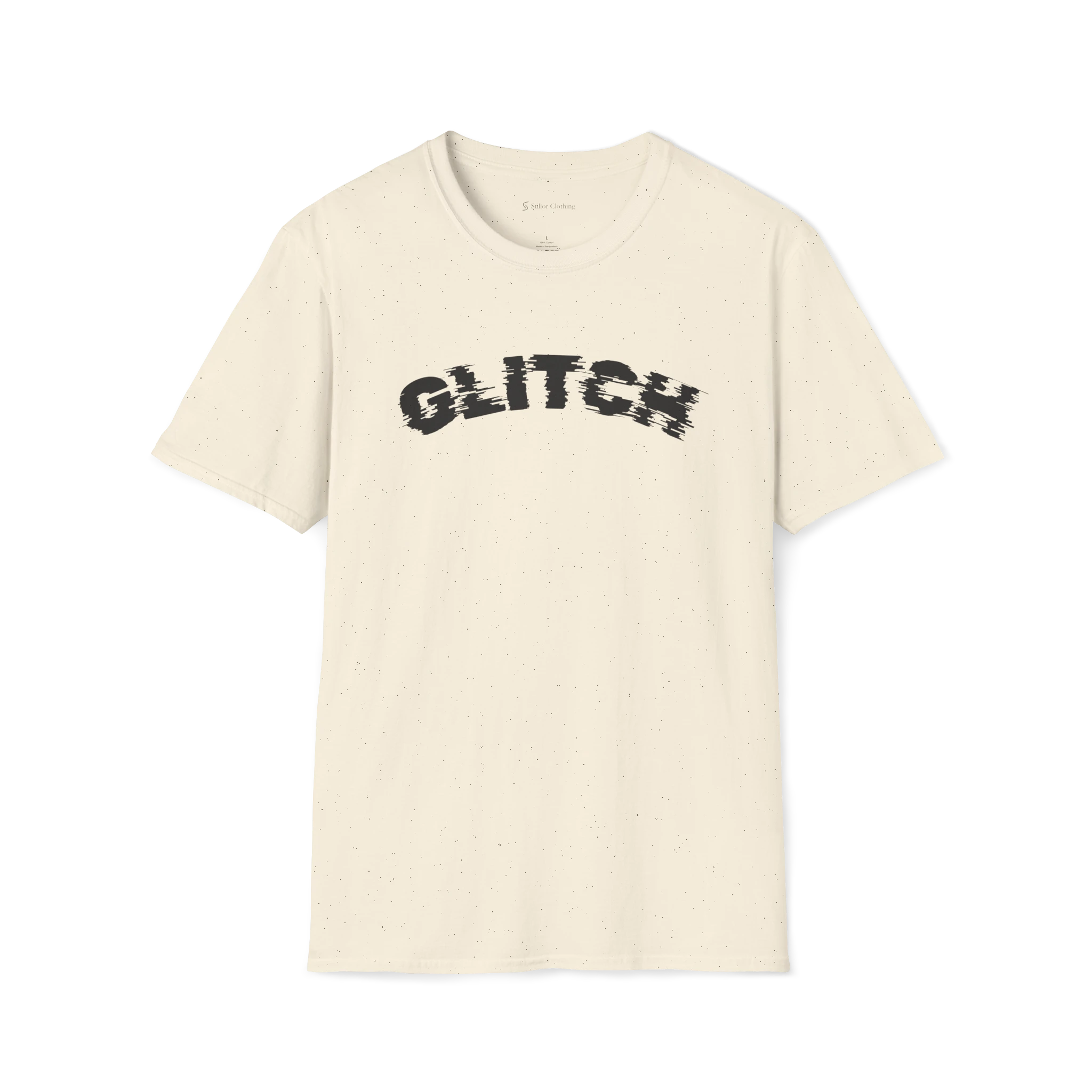 Beige Glitch T-Shirt, front view with distorted black arched glitch text print