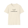 Beige Go With The Flow t-shirt, front view with black wave line artwork above bold text.
