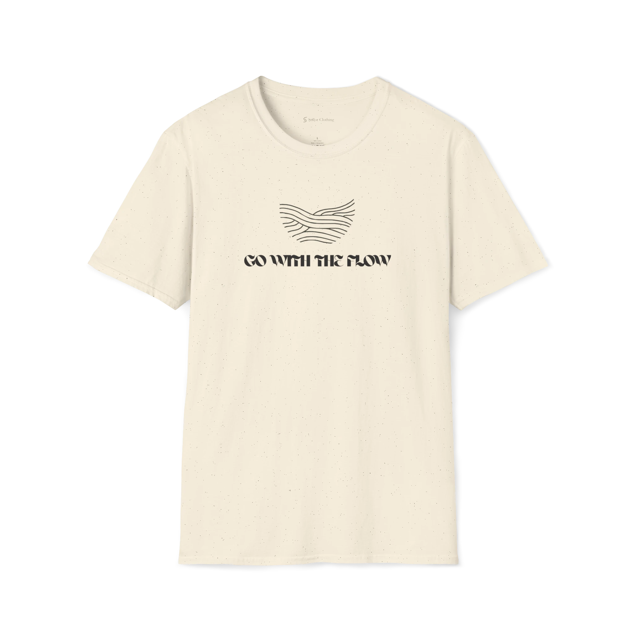 Beige Go With The Flow t-shirt, front view with black wave line artwork above bold text.