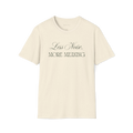 Beige Less Noise More Meaning T-Shirt, front view with elegant script and serif quote print.