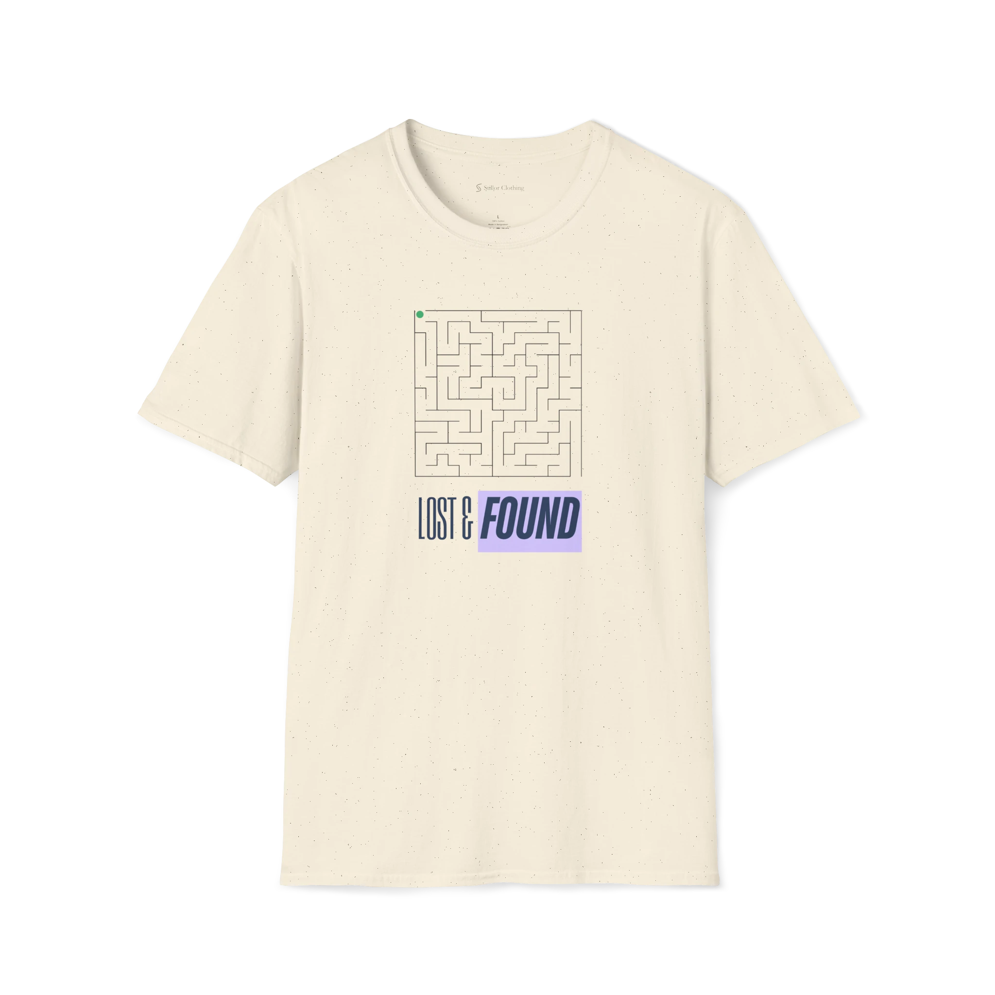 Beige Lost & Found T-Shirt, front view with maze graphic, green dot, and purple FOUND text block.