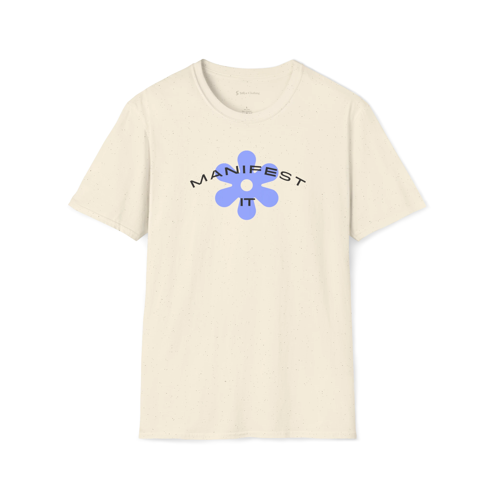 Beige Manifest It T-Shirt, front view with curved text and blue flower graphic on the chest