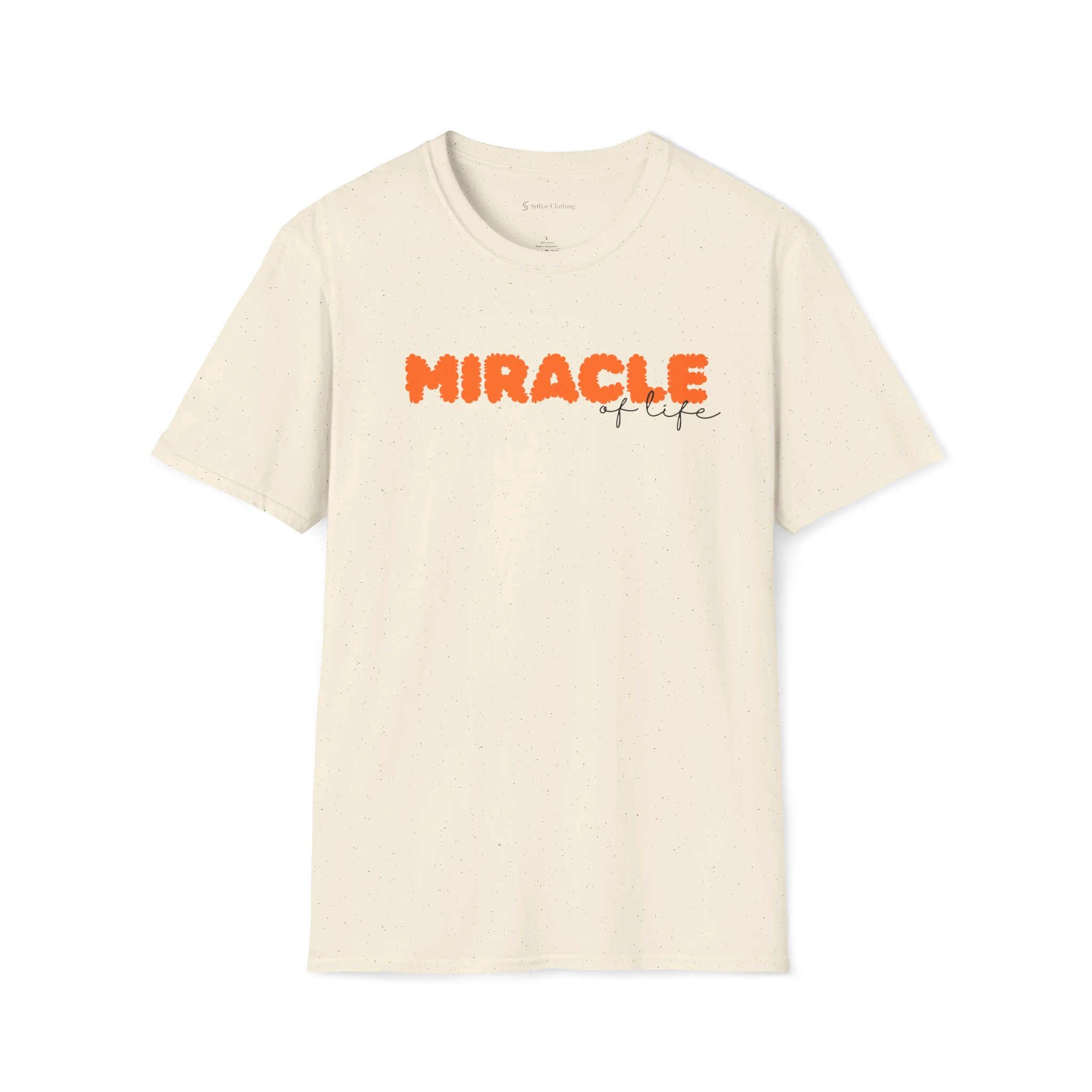 Beige Miracle Of Life T-shirt, front view with orange miracle text and black cursive of life detail
