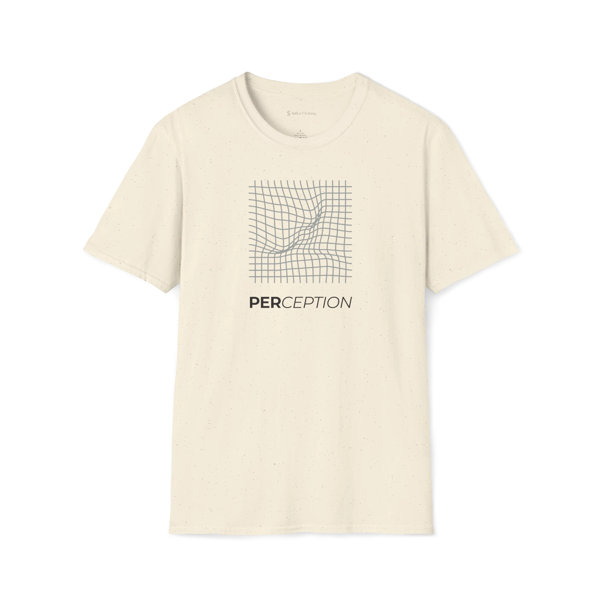 Beige Perception T-shirt, front view with grey warped grid graphic and bold PERCEPTION text.