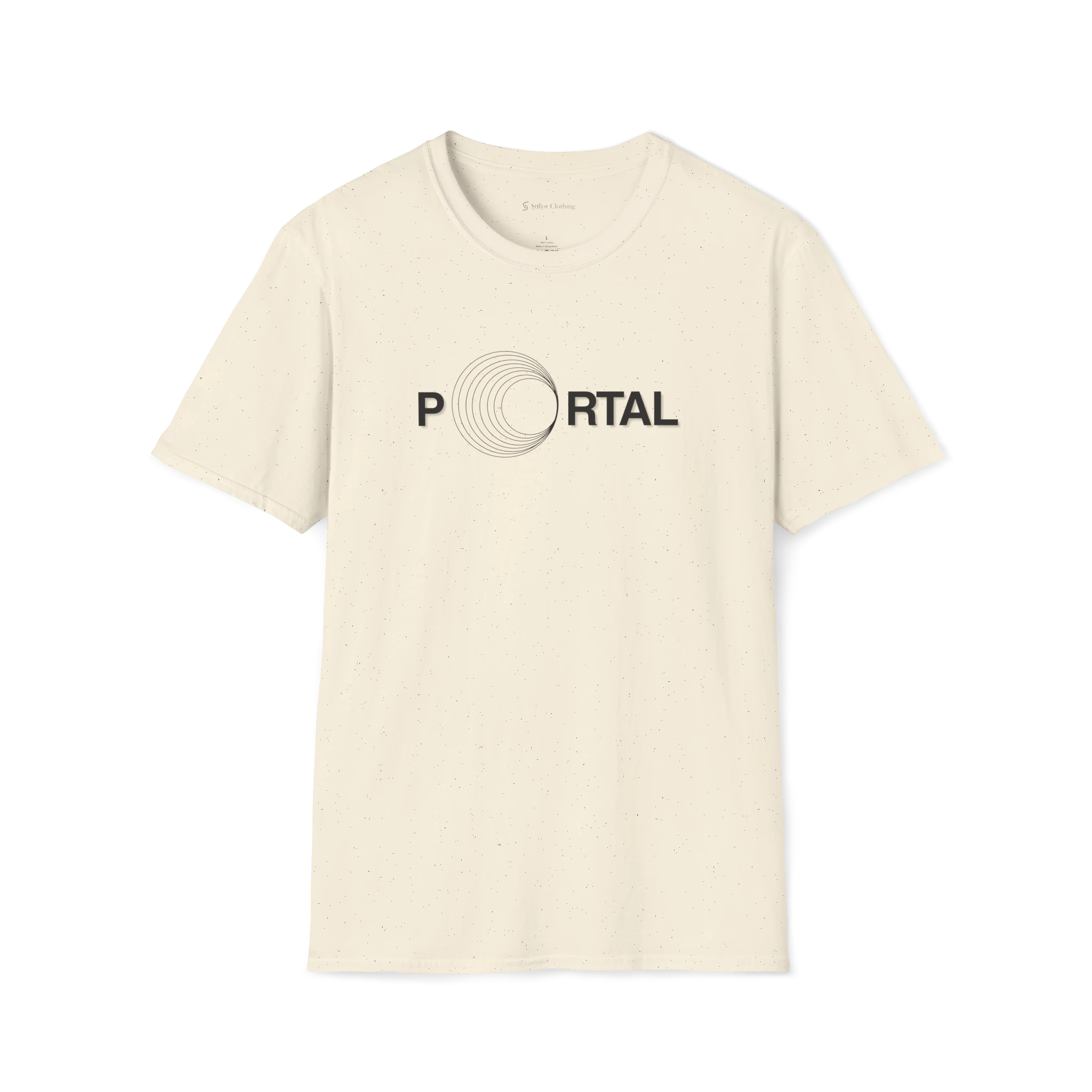 Beige Portal T-Shirt, front view with circular tunnel graphic replacing the O in Portal
