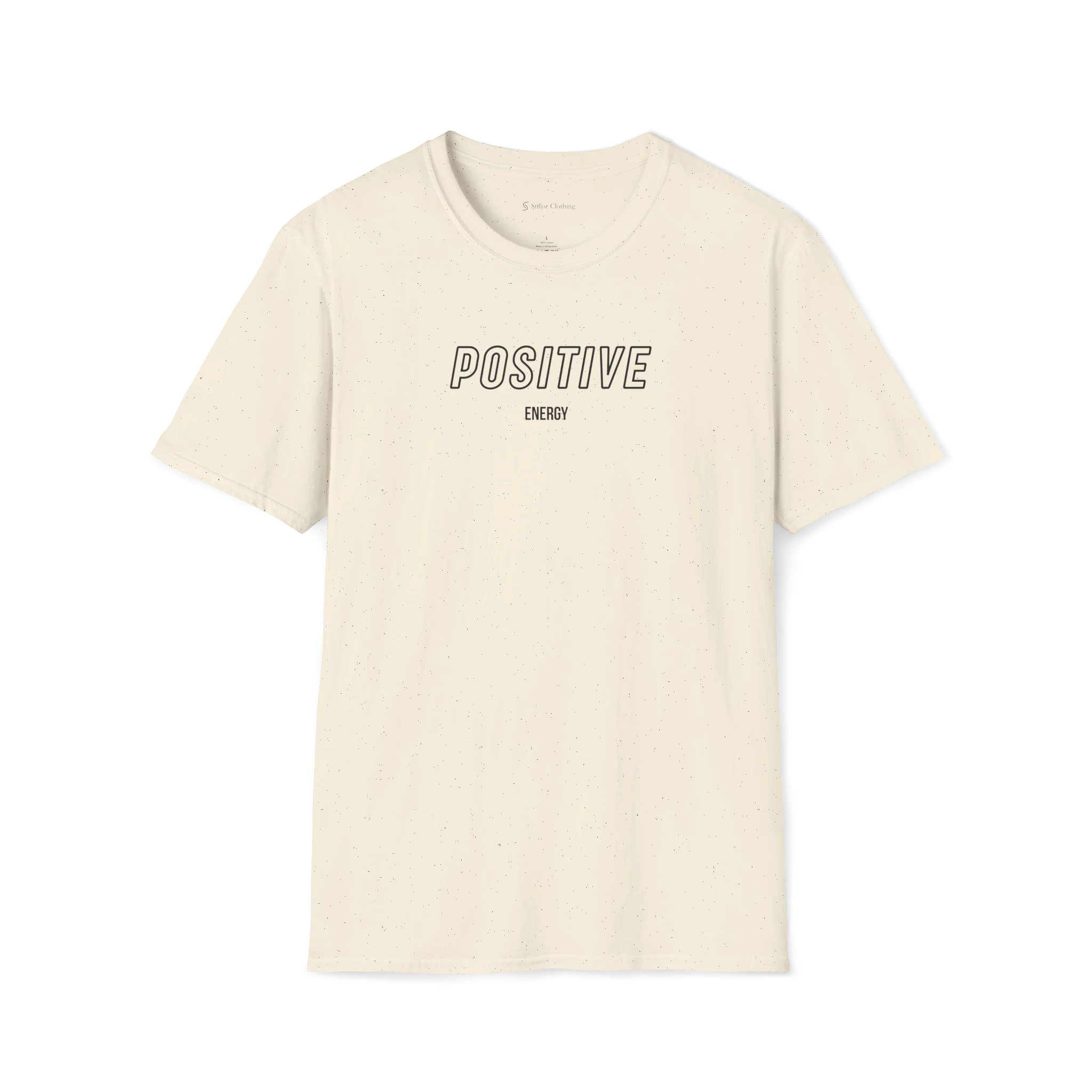 Beige Positive Energy T-Shirt, front view with outlined POSITIVE text and small ENERGY lettering on the chest.