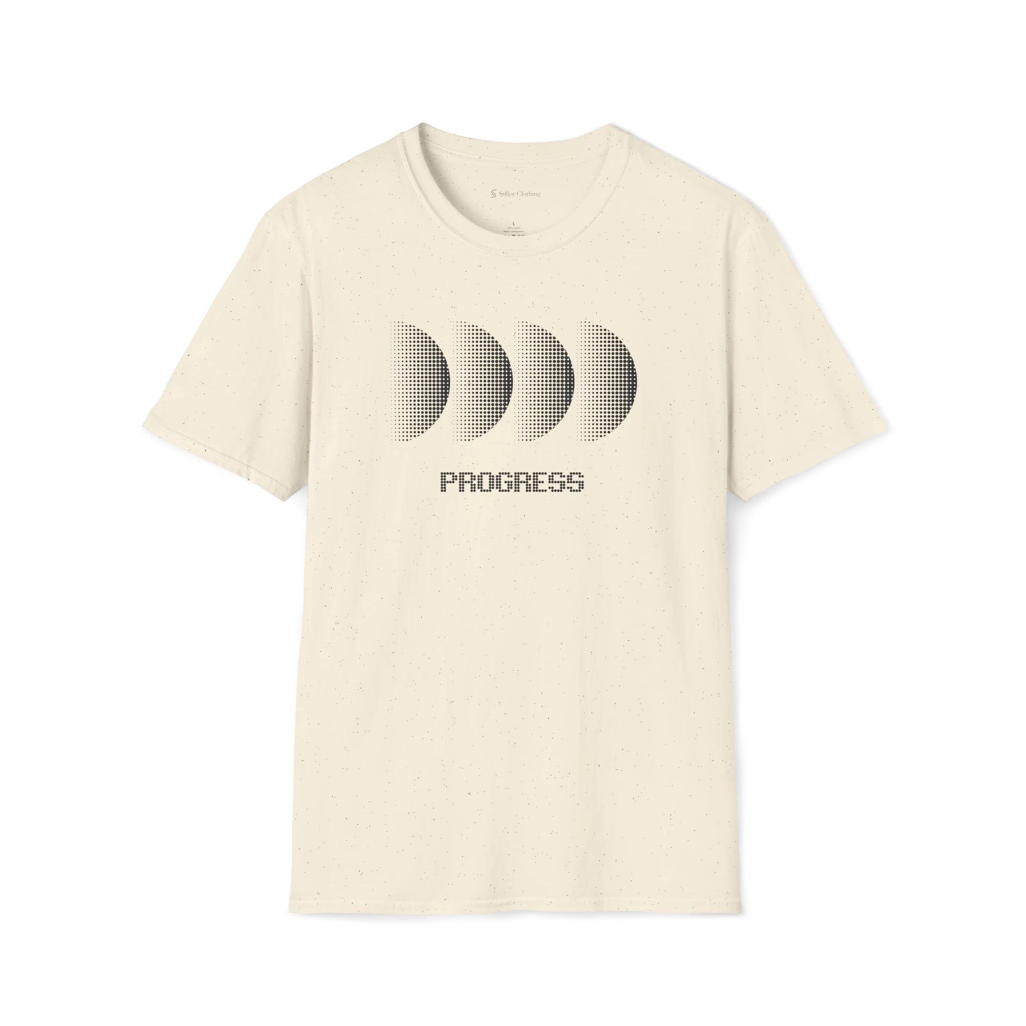 Beige Progress T-Shirt, front view with black halftone moon phase graphic and progress text