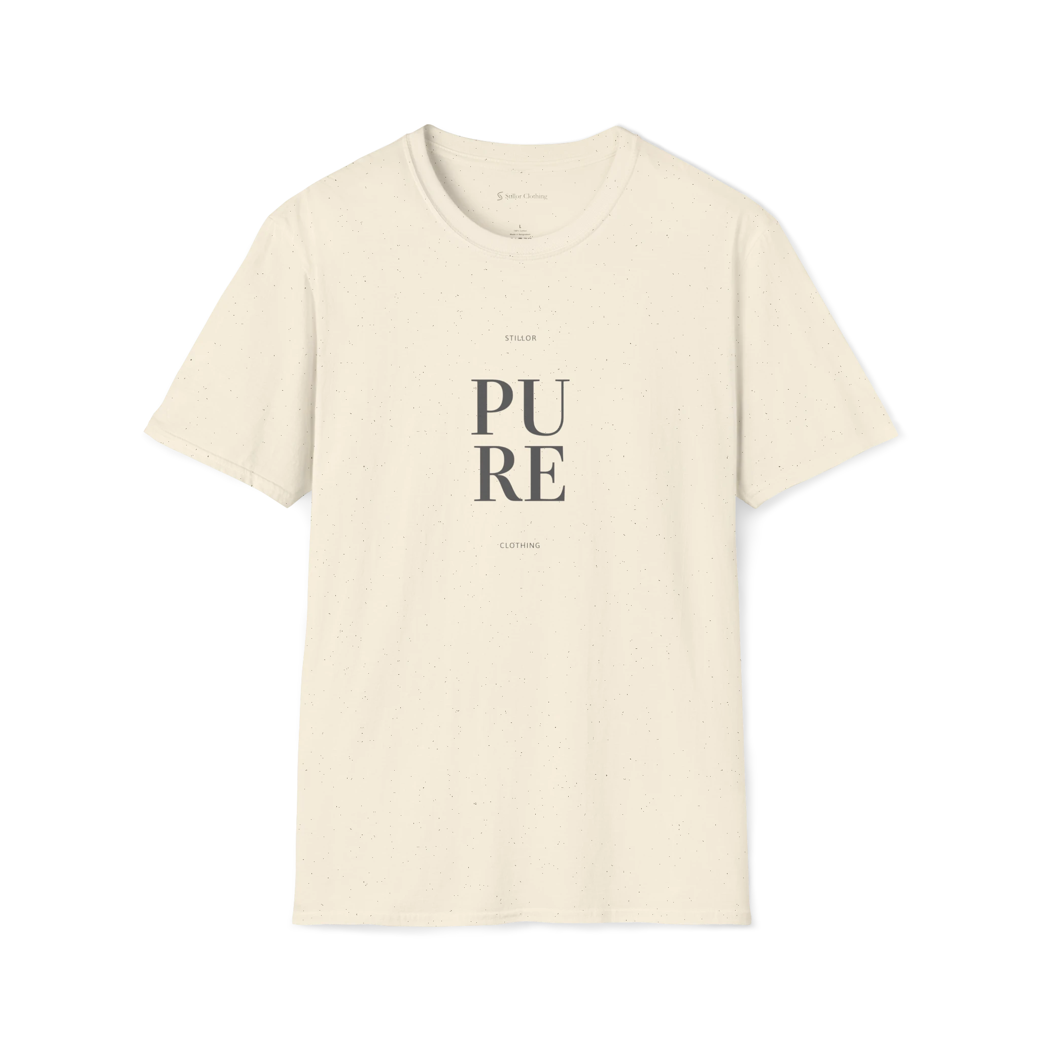 Beige Pure T-shirt, front view with minimalist stacked PURE typography print