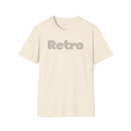 Beige Retro T-Shirt, front view with white maze-style retro text graphic across the chest.