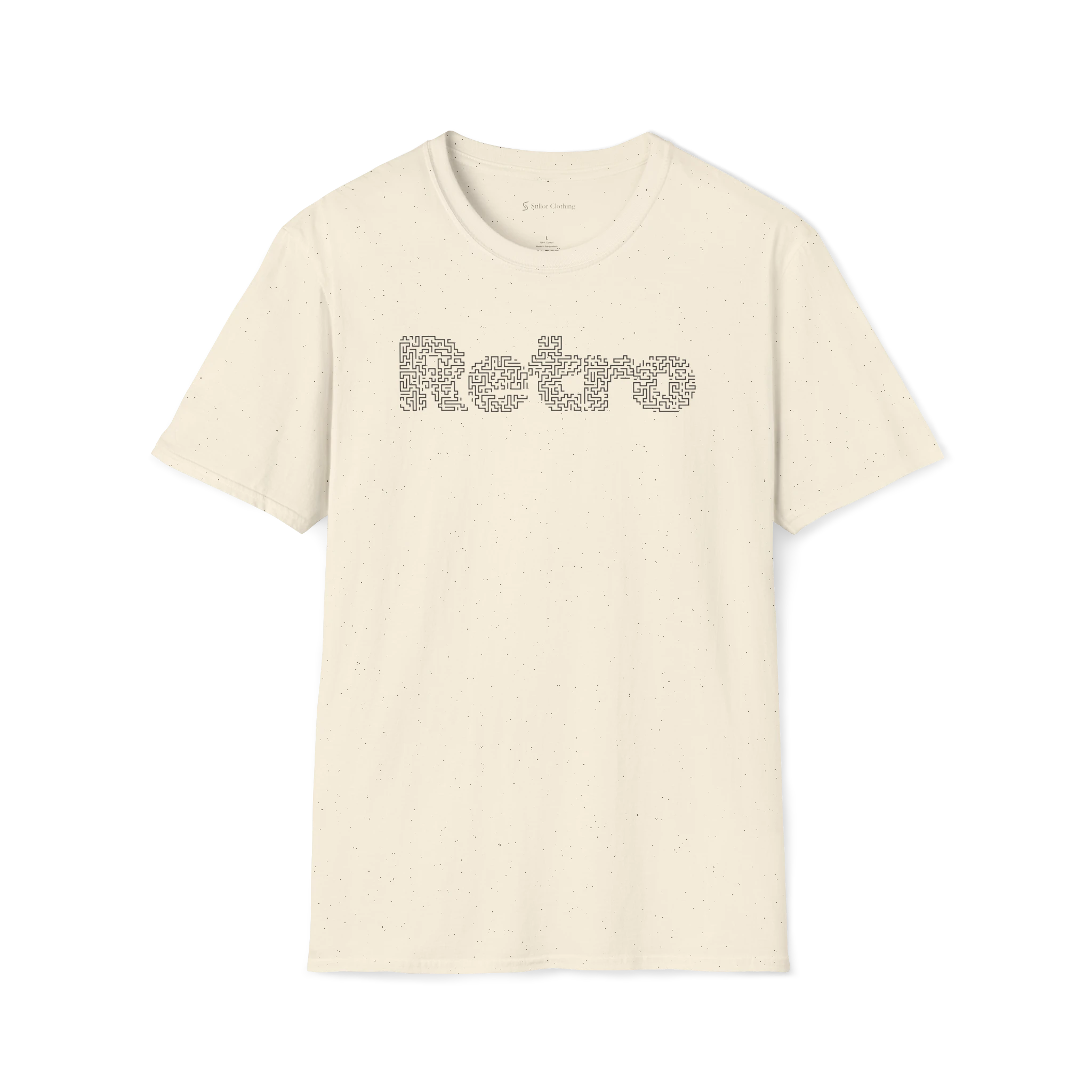 Beige Retro T-Shirt, front view with white maze-style retro text graphic across the chest.
