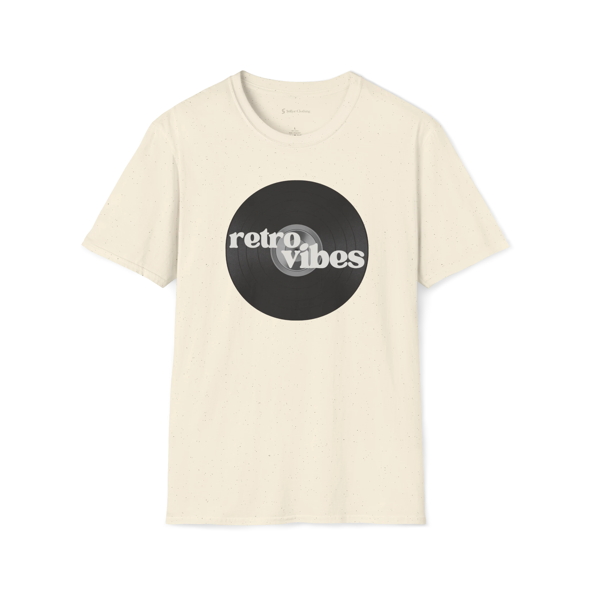 Beige Retro Vibes t-shirt, front view with black vinyl record graphic and bold retro lettering