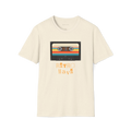 Beige Retro Wave T-Shirt, front view with cassette tape graphic and orange retro lettering.