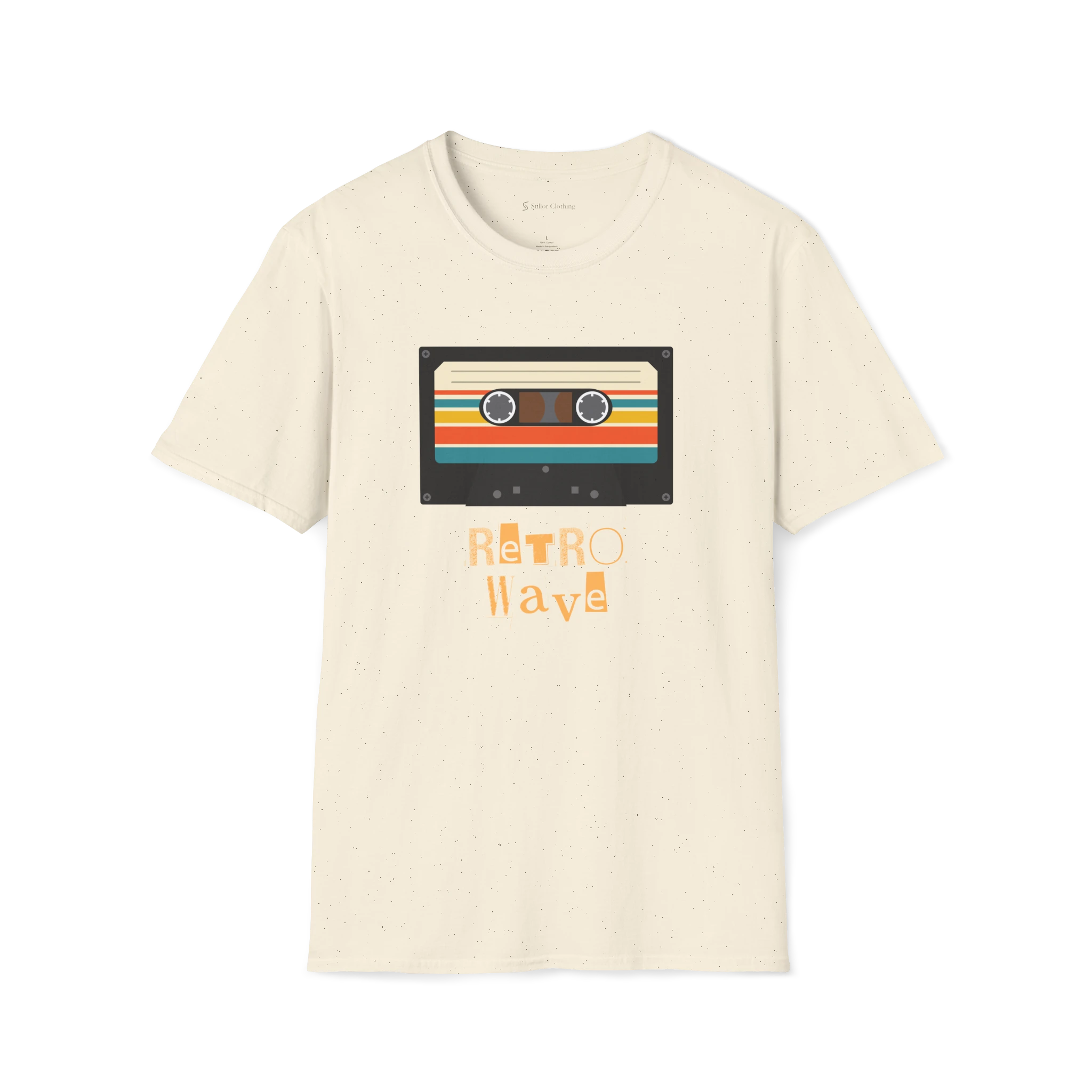 Beige Retro Wave T-Shirt, front view with cassette tape graphic and orange retro lettering.