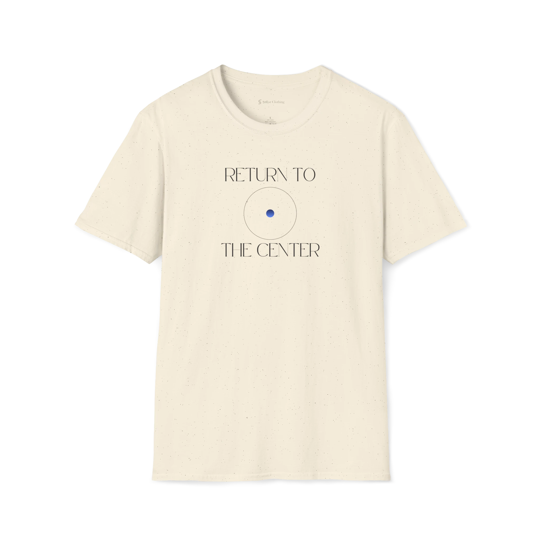 Beige Return To The Center t-shirt, front view with white circular center graphic and text