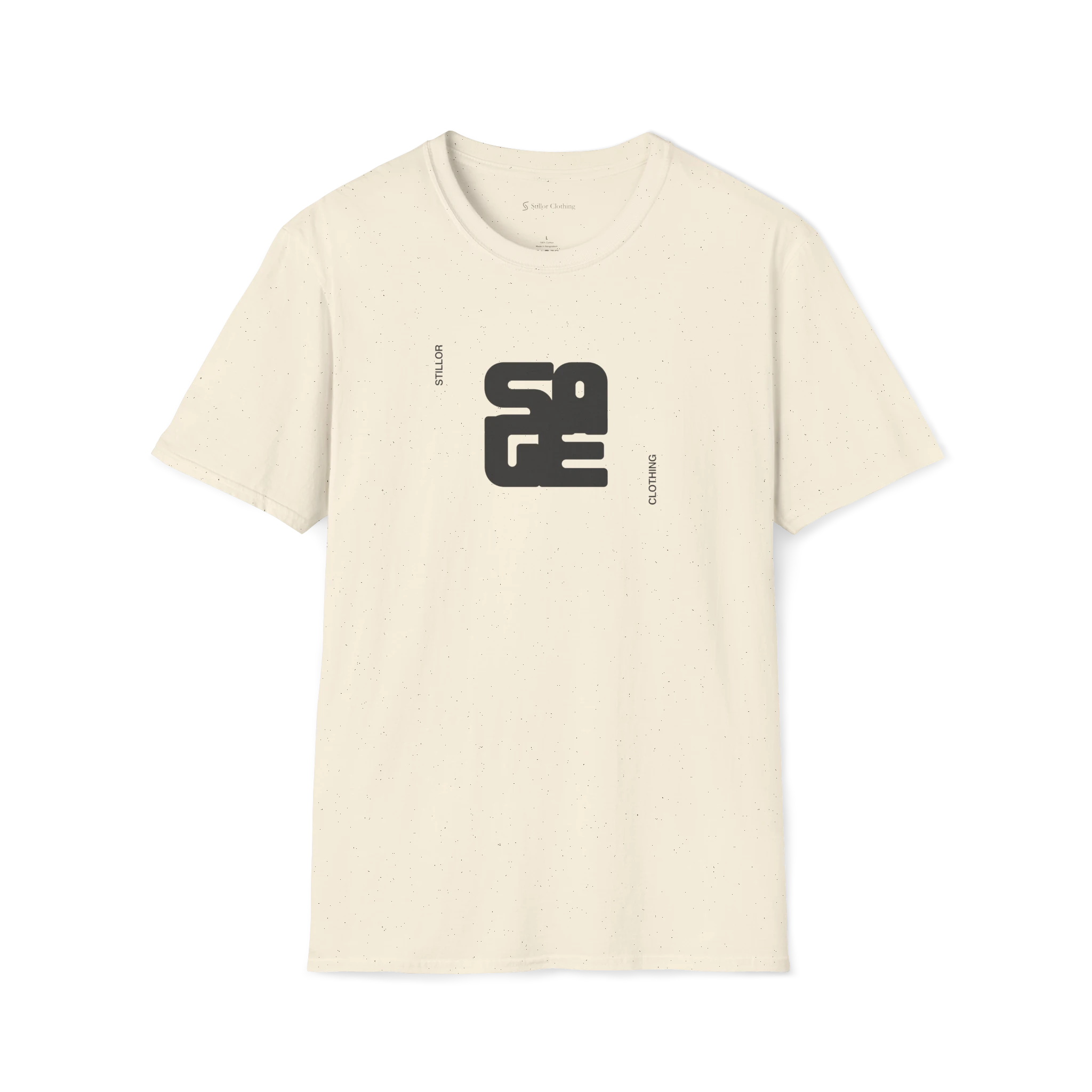 Beige Sage T-Shirt, front view with bold dark monogram graphic and vertical Stillor Clothing text.