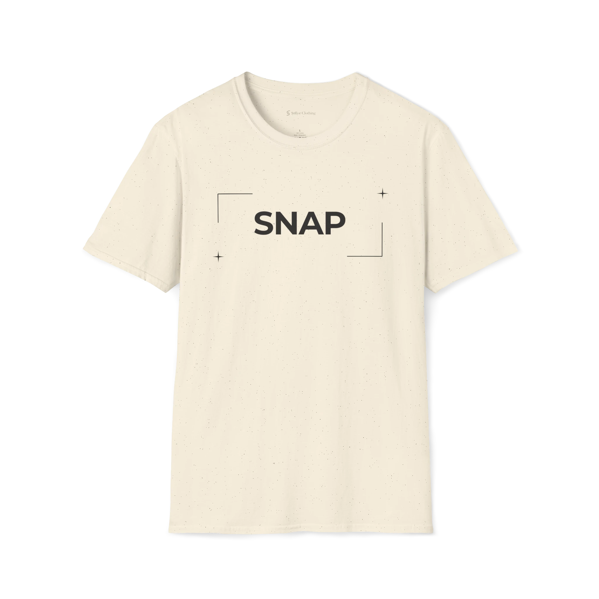 Beige Snap t-shirt, front view with black SNAP text, camera focus corners, and small star accents