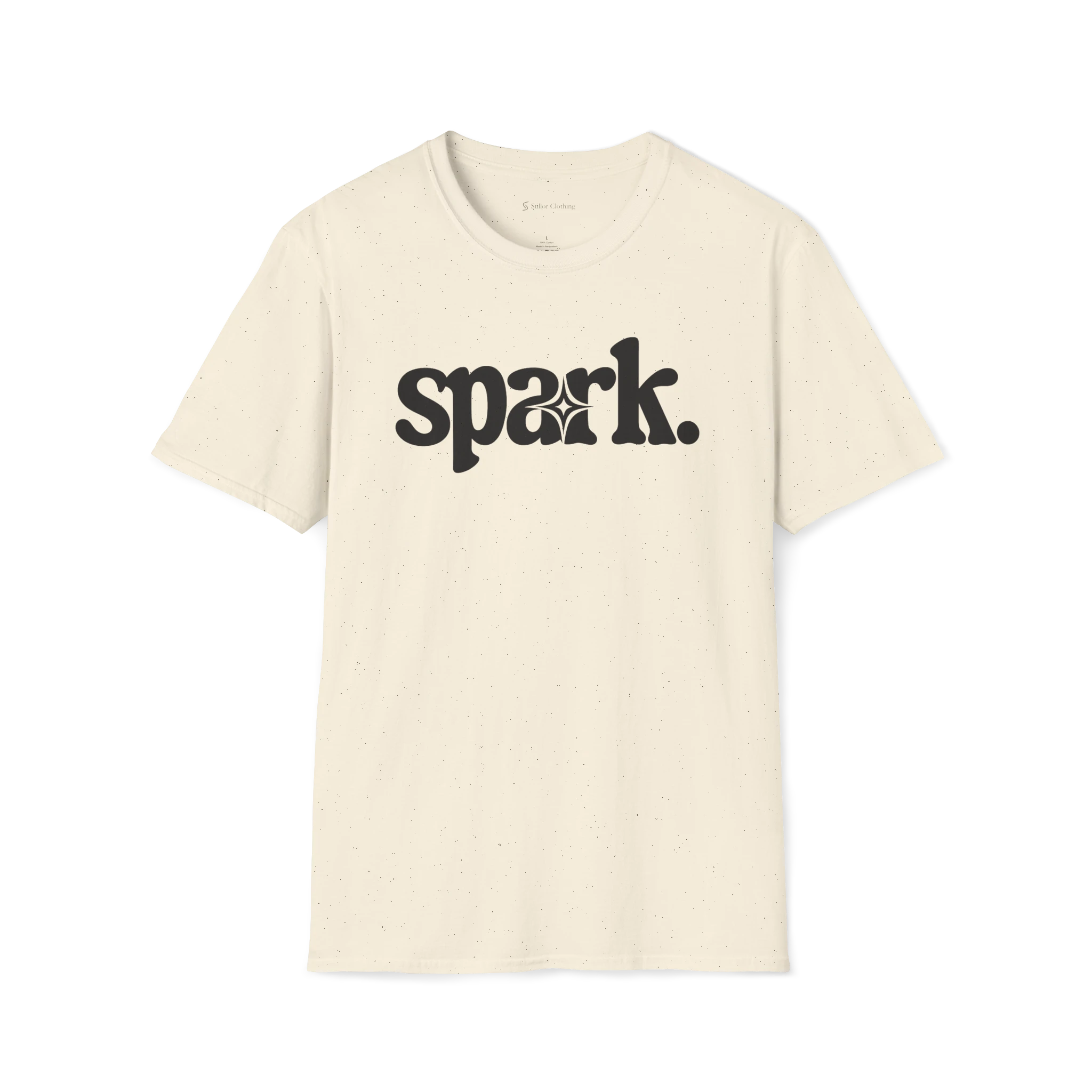 Beige Spark T-Shirt, front view with bold black spark wordmark and star detail