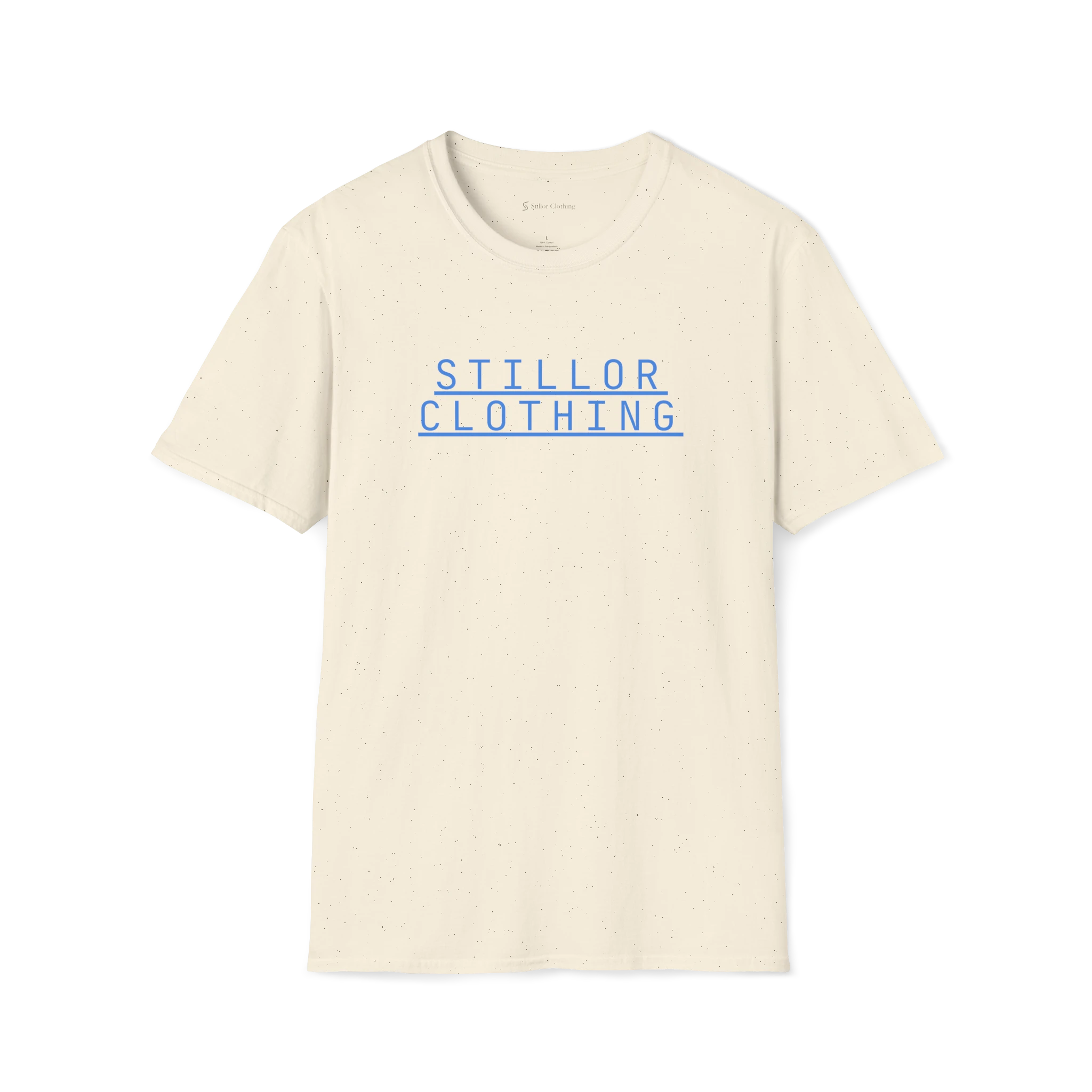 Beige Stacked T-Shirt, front view with blue Stillor Clothing stacked wordmark print