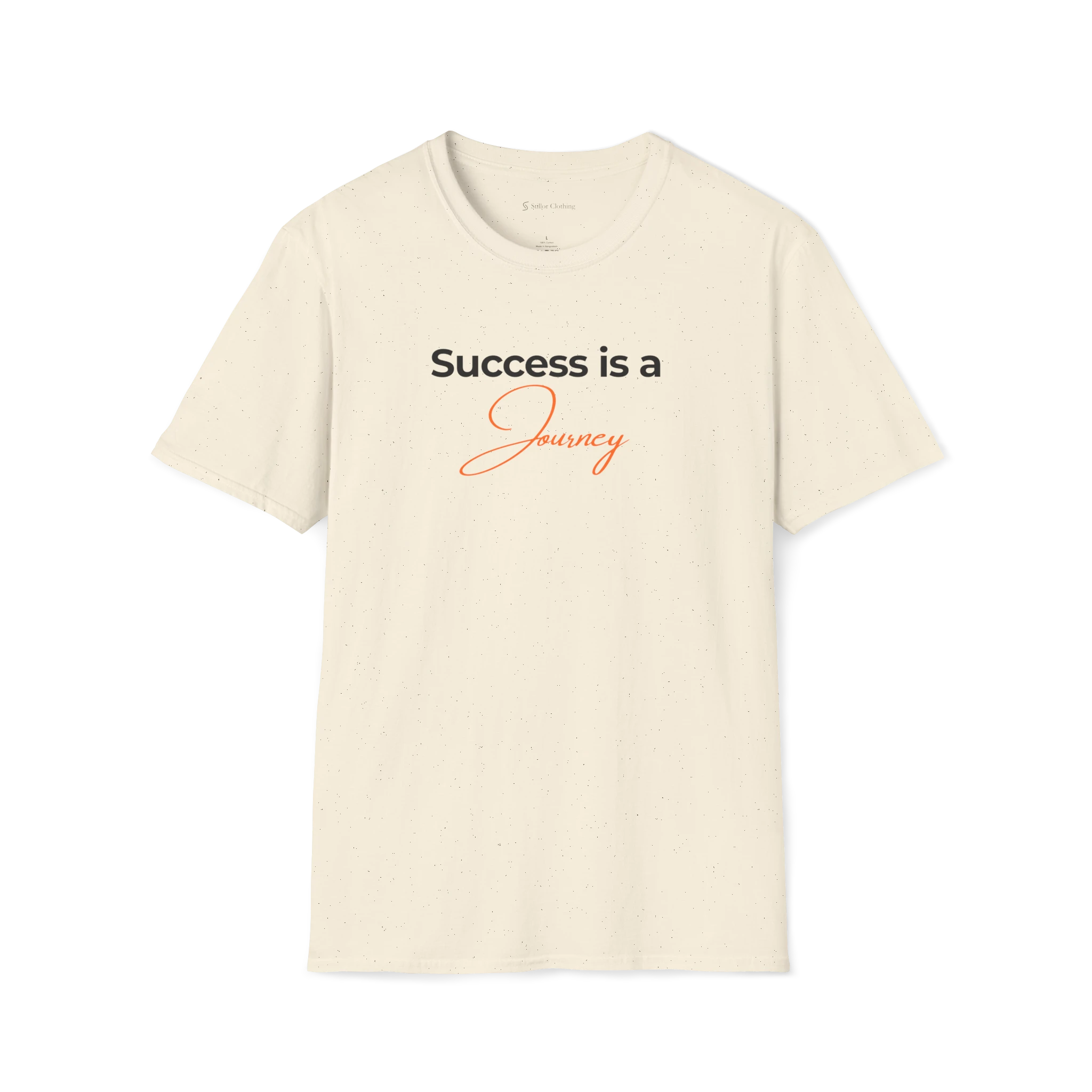 Beige Success Is A Journey T-shirt, front view with black and orange typography design