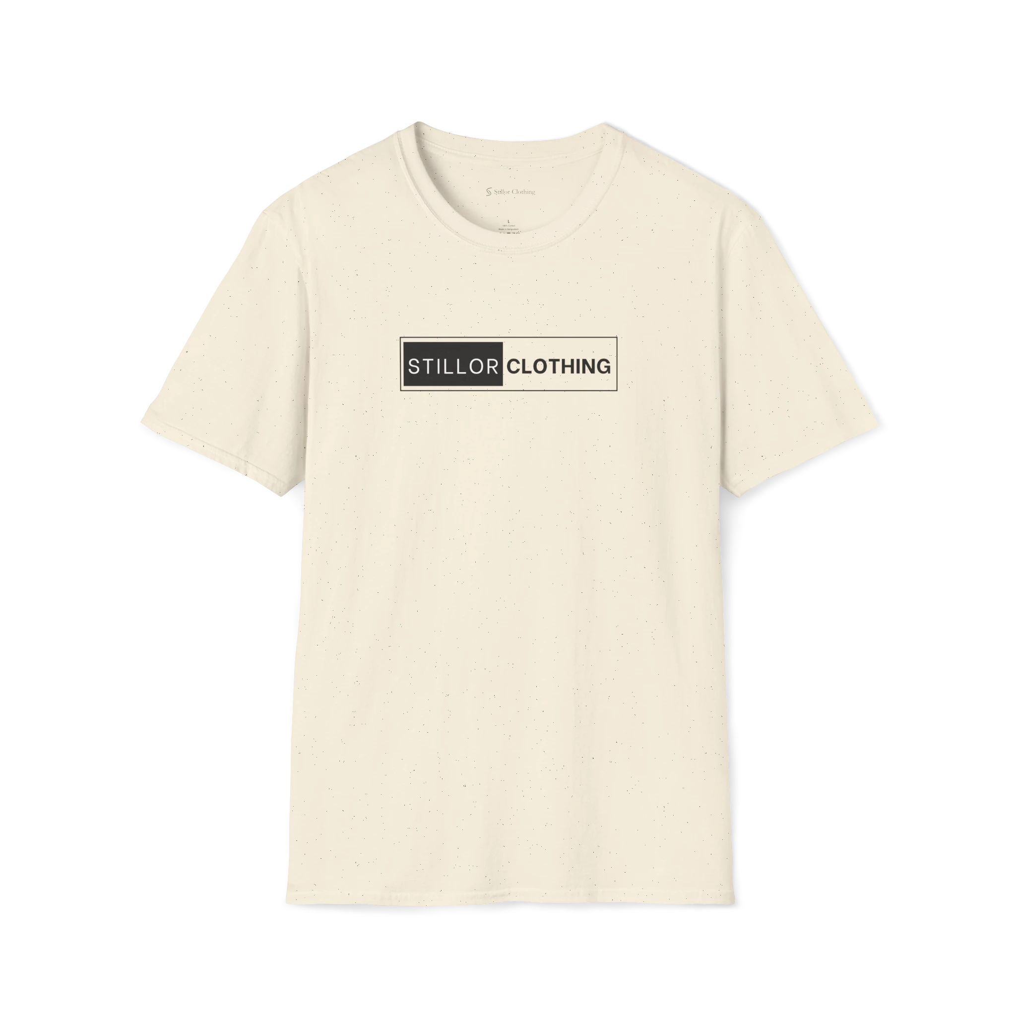 Beige The Contrast t-shirt, front view with boxed Stillor Clothing logo print.