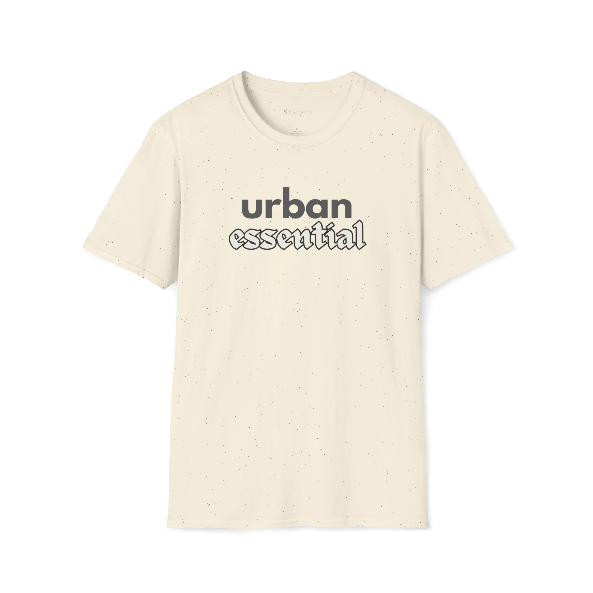 Beige Urban Essential T-shirt, front view with bold urban text and outlined essential lettering