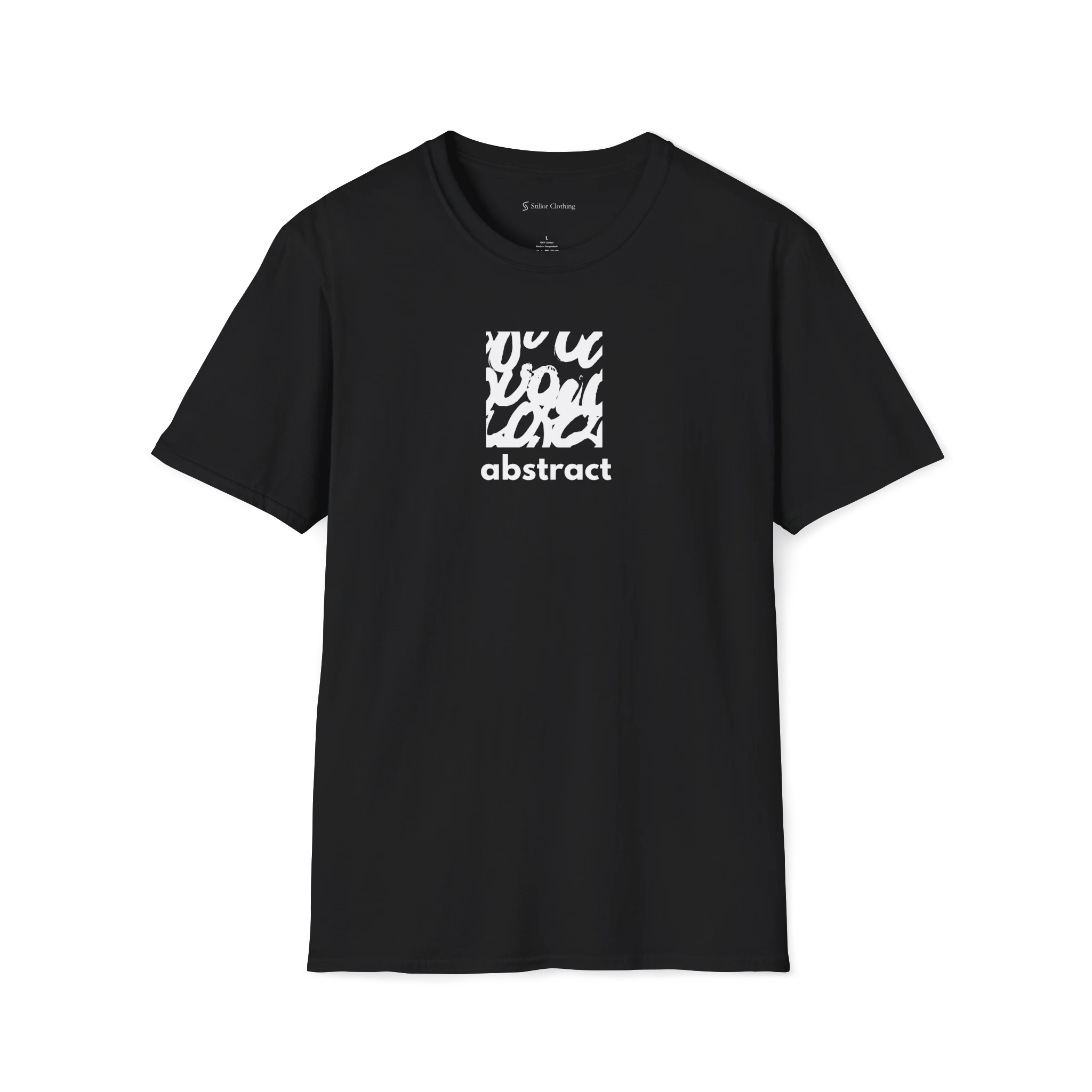 Black t-shirt with black abstract design and text on a white background