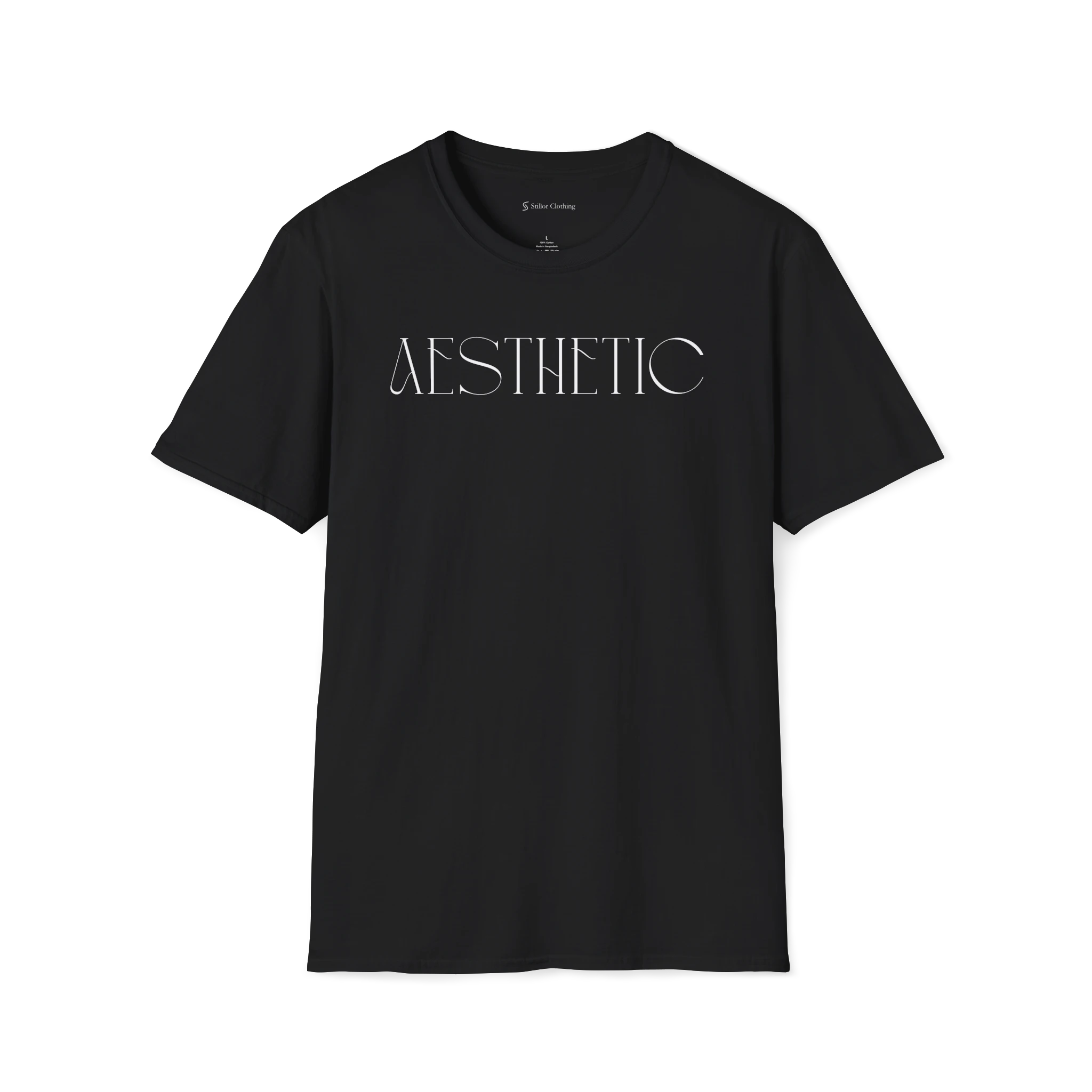 Black Aesthetic t-shirt, front view with thin minimalist text design
