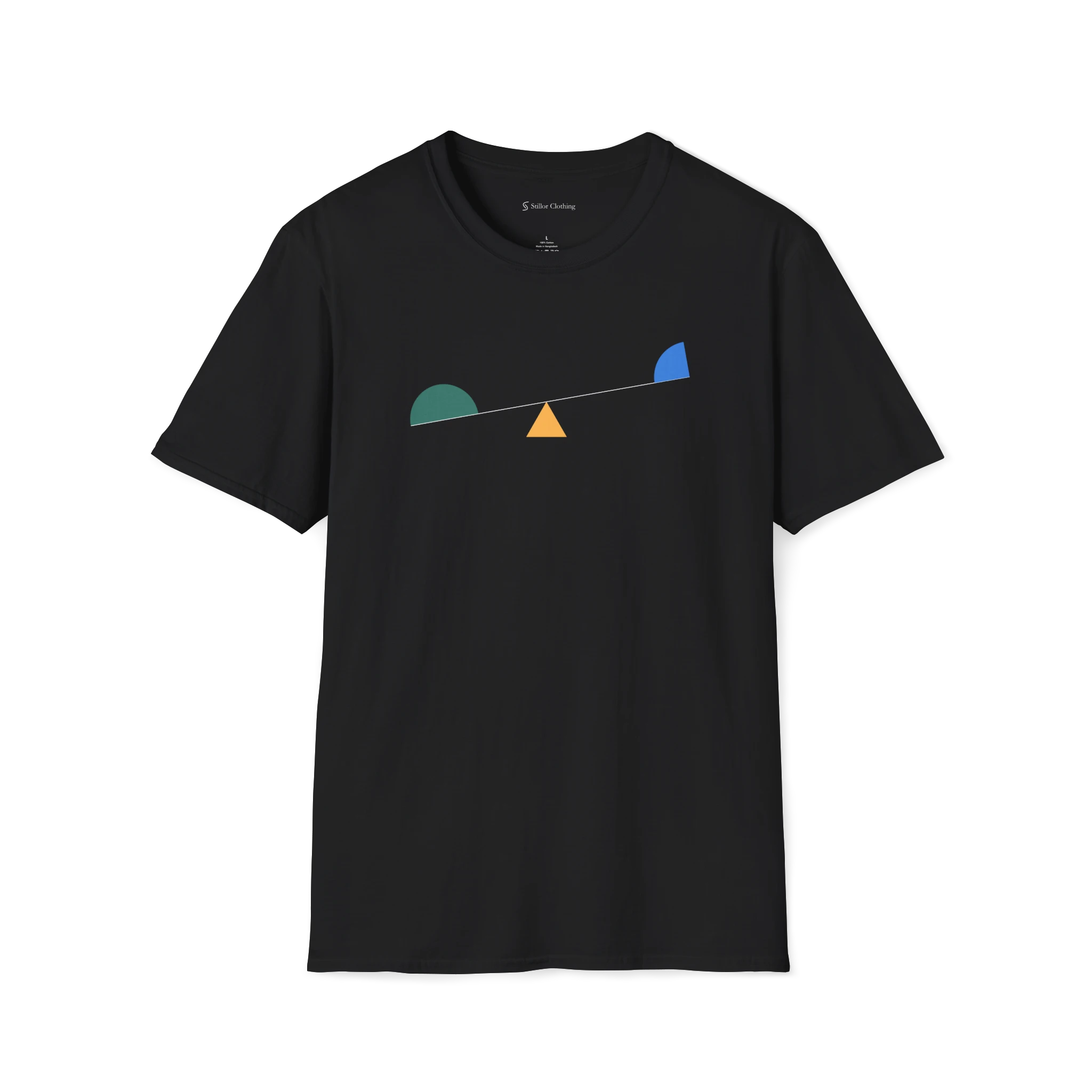 Black Balance T-shirt, front view with minimalist geometric seesaw design in green, yellow, and blue