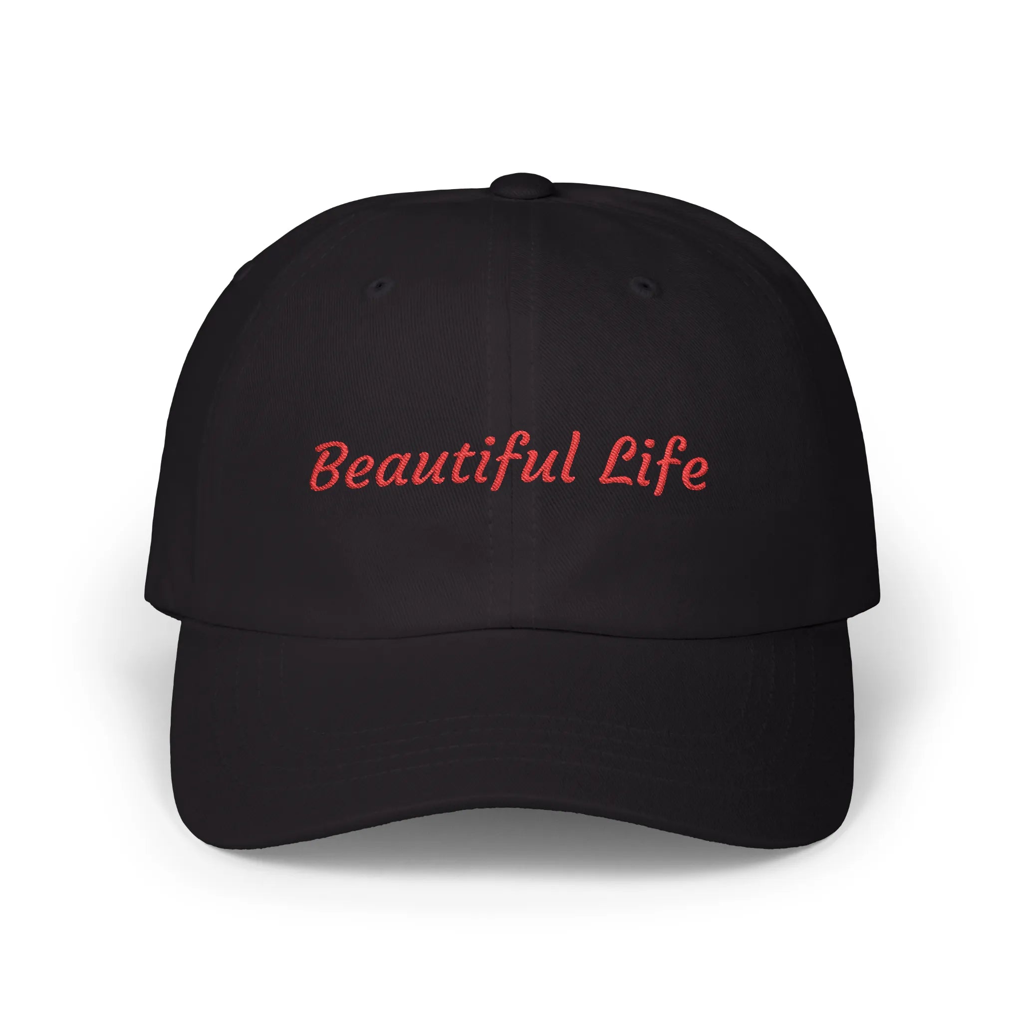 Black Beautiful Life cap, front view with red embroidered Beautiful Life script