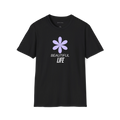 Black Beautiful Life T-Shirt, front view with purple flower graphic and black text print