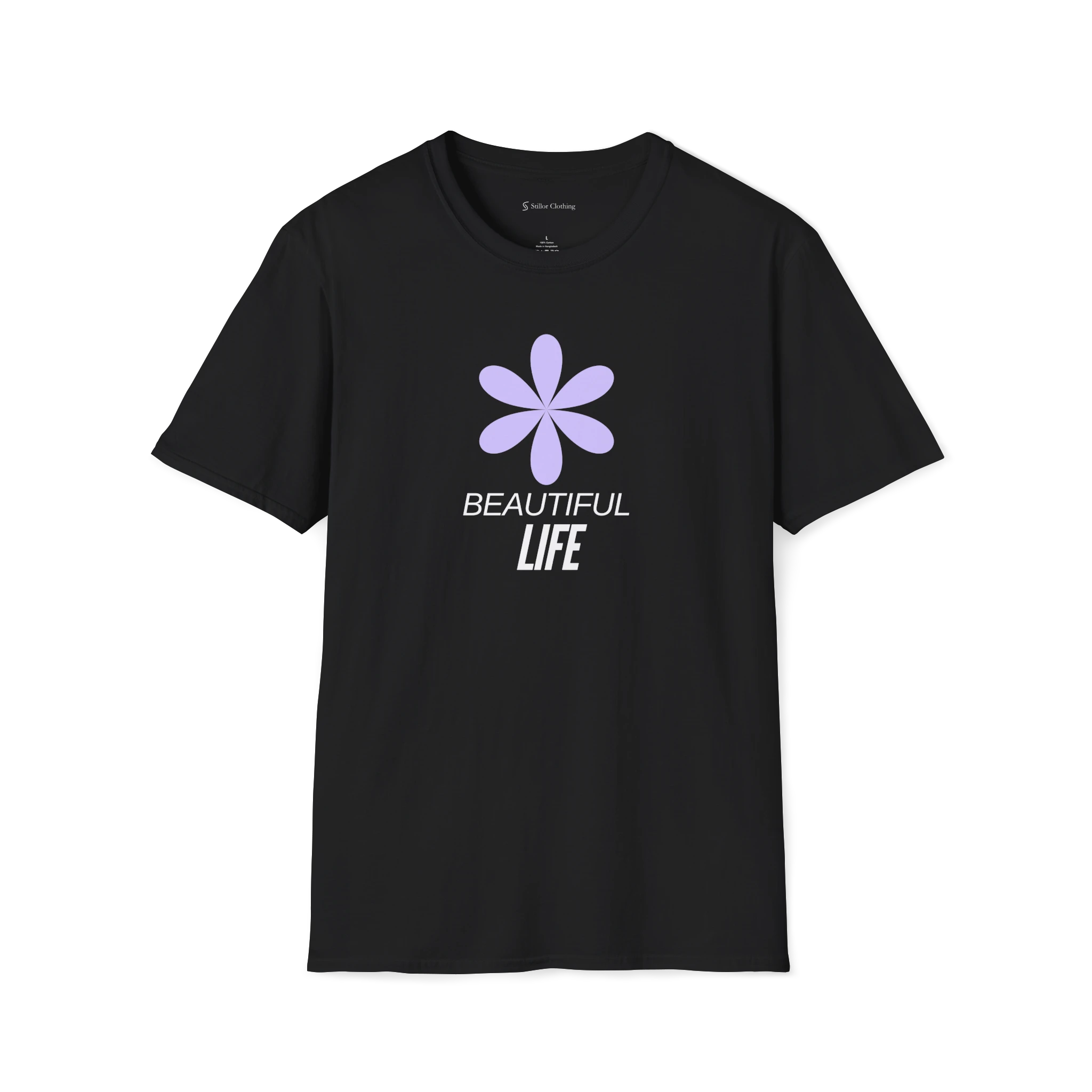 Black Beautiful Life T-Shirt, front view with purple flower graphic and black text print