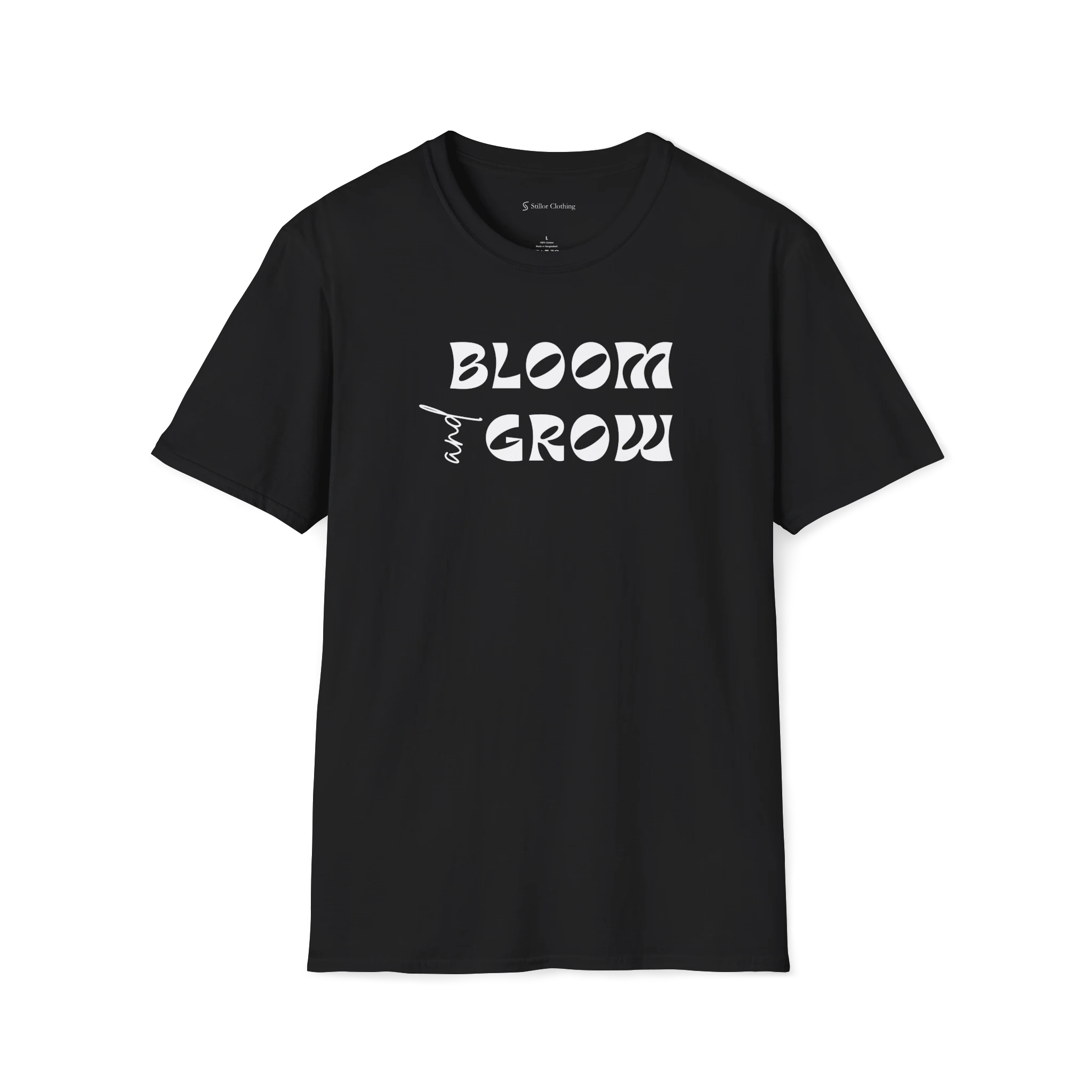 Black Bloom and Grow T-shirt, front view with black retro lettering and small hand-drawn sprout detail