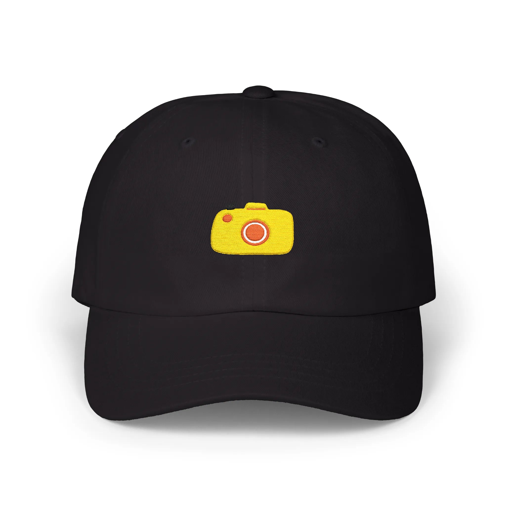 Black capture baseball cap, front view with yellow camera embroidery and orange lens