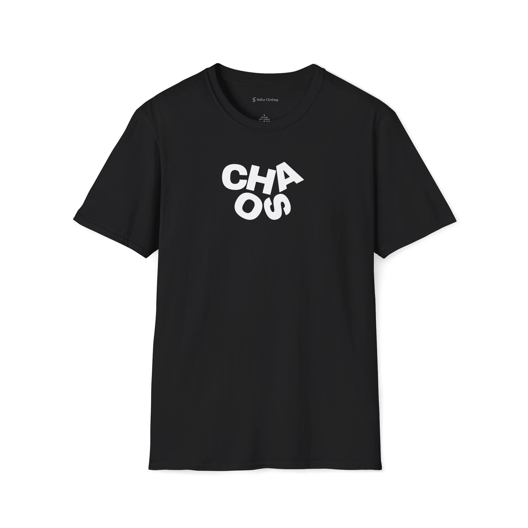 Black Chaos T-Shirt, front view with grey stacked CHAOS lettering on the chest