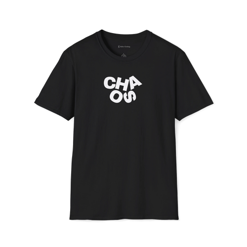Black Chaos T-Shirt, front view with grey stacked CHAOS lettering on the chest
